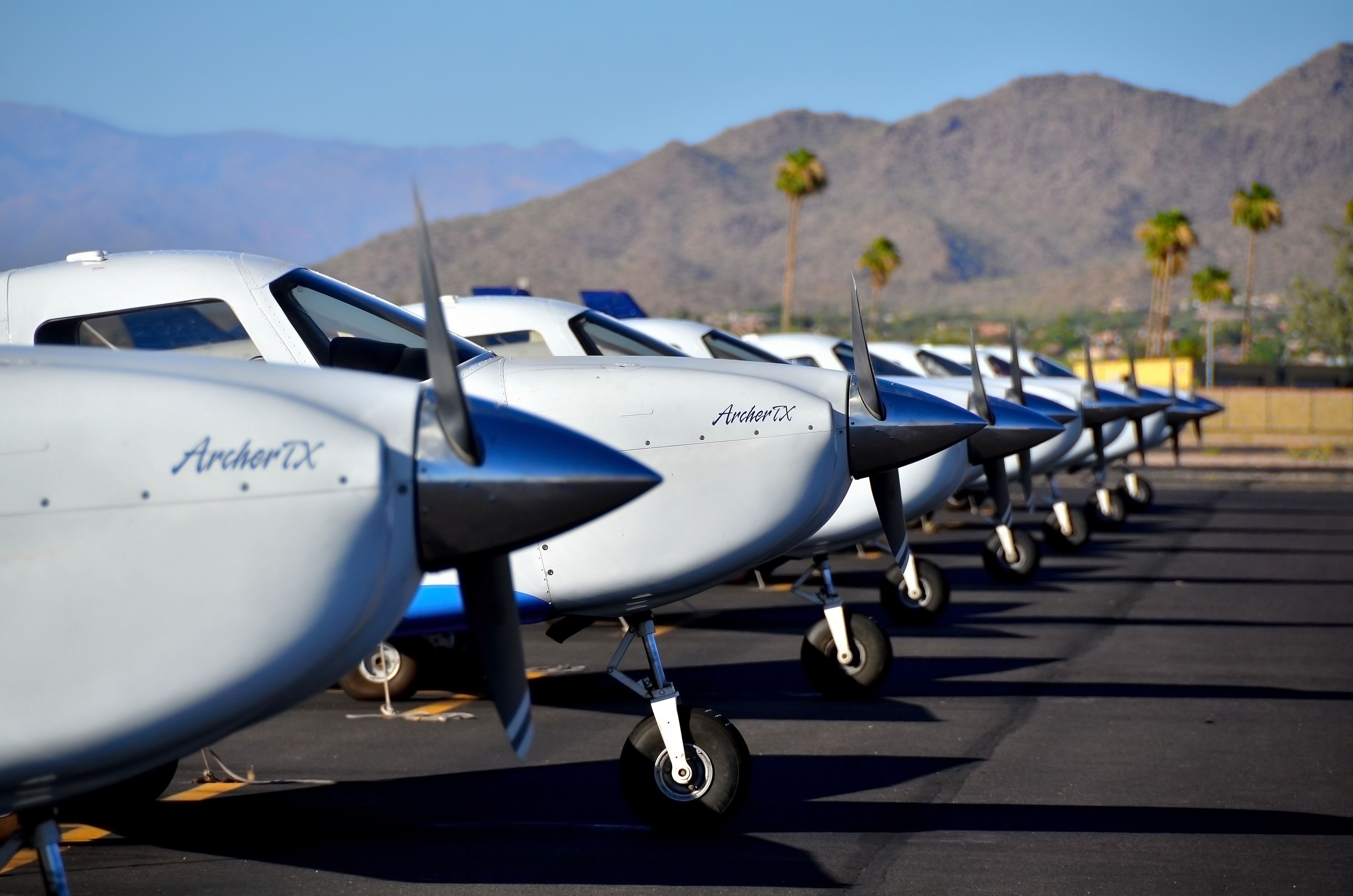 A fleet of Piper PA-28 Archers at CAE Oxford Aviation Academy in Mesa, AZ.