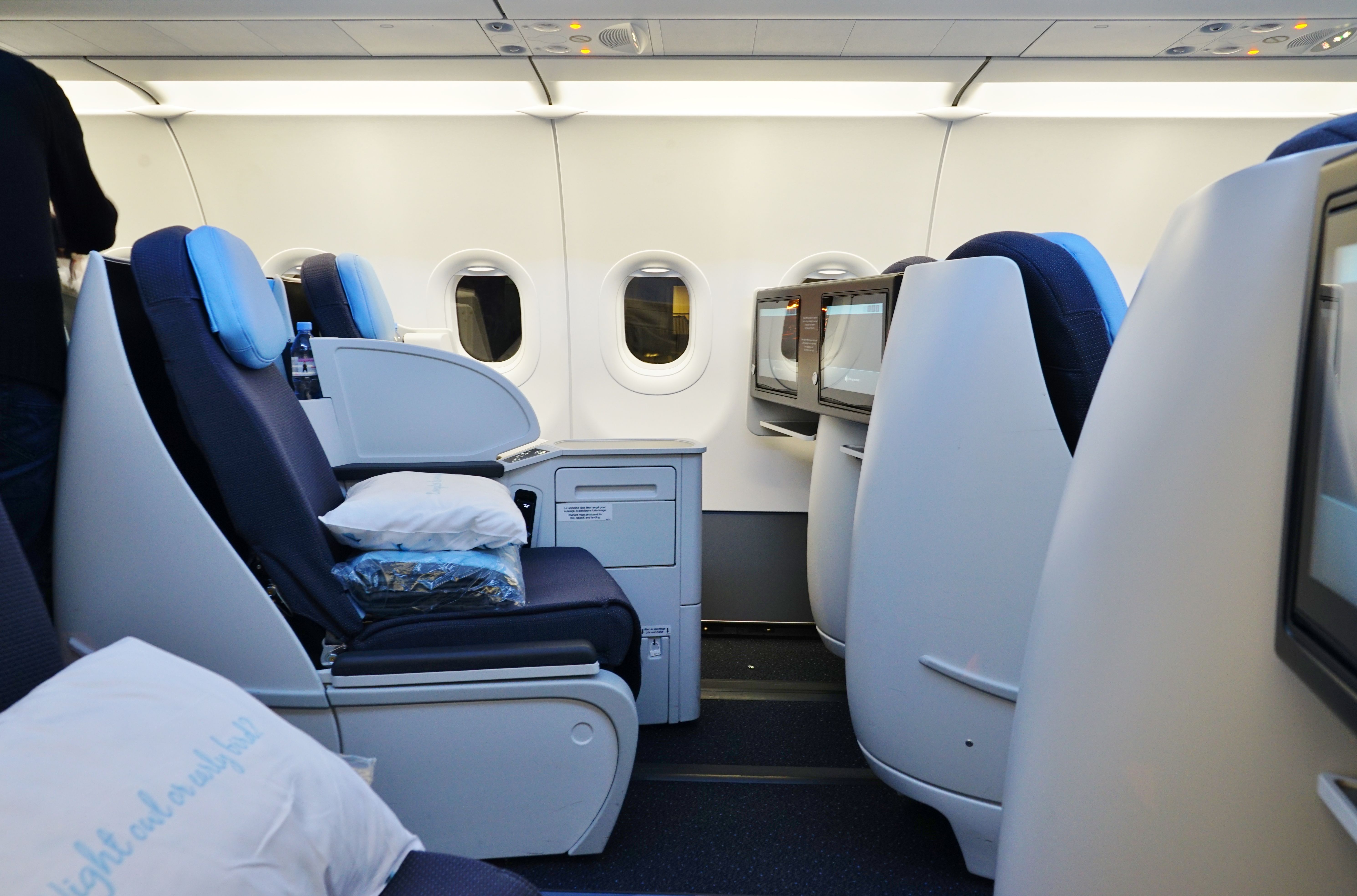 Inside La Compagnie's A321 cabin.