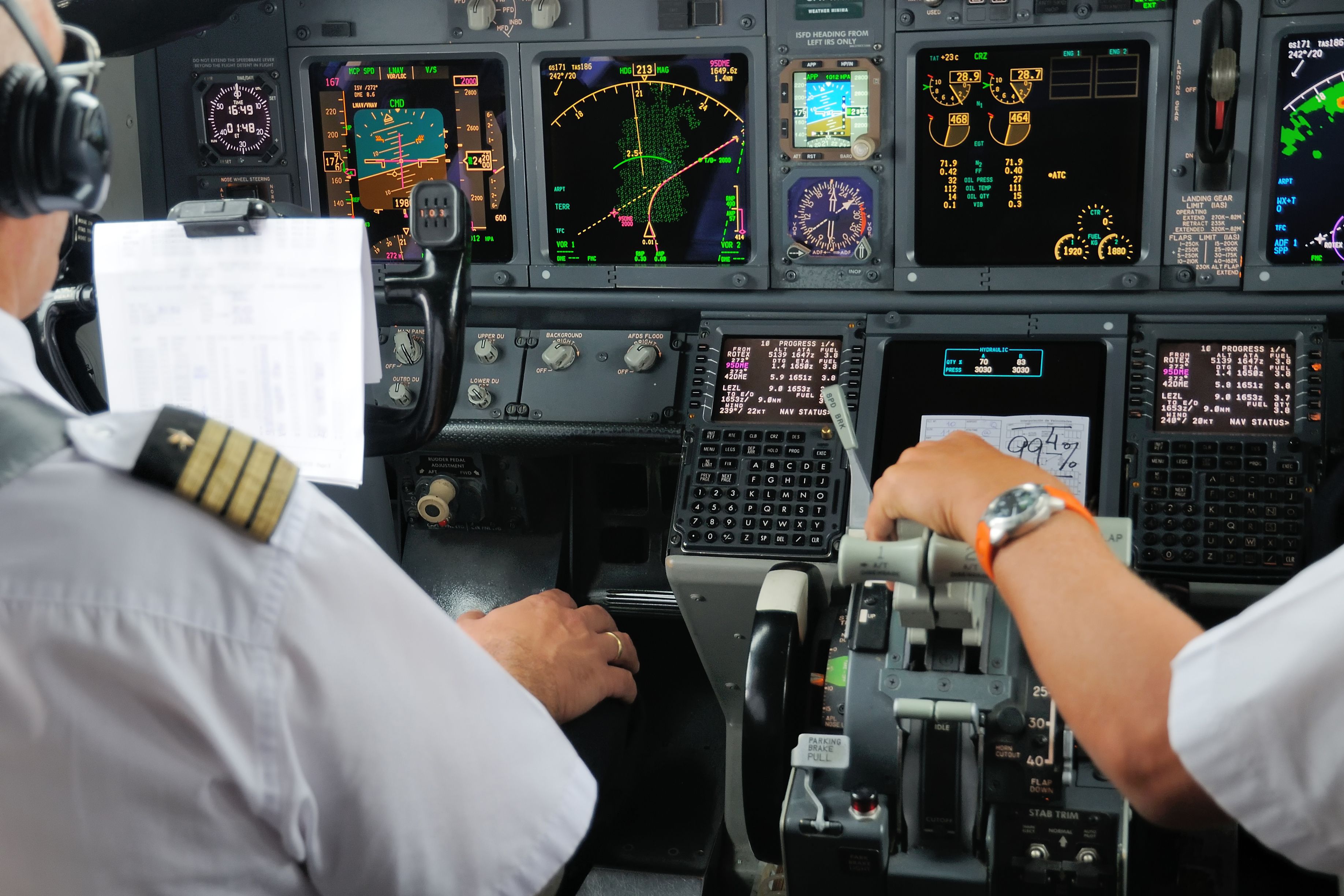 Two pilots sitting in a Boeing 737 MAX cockpit.