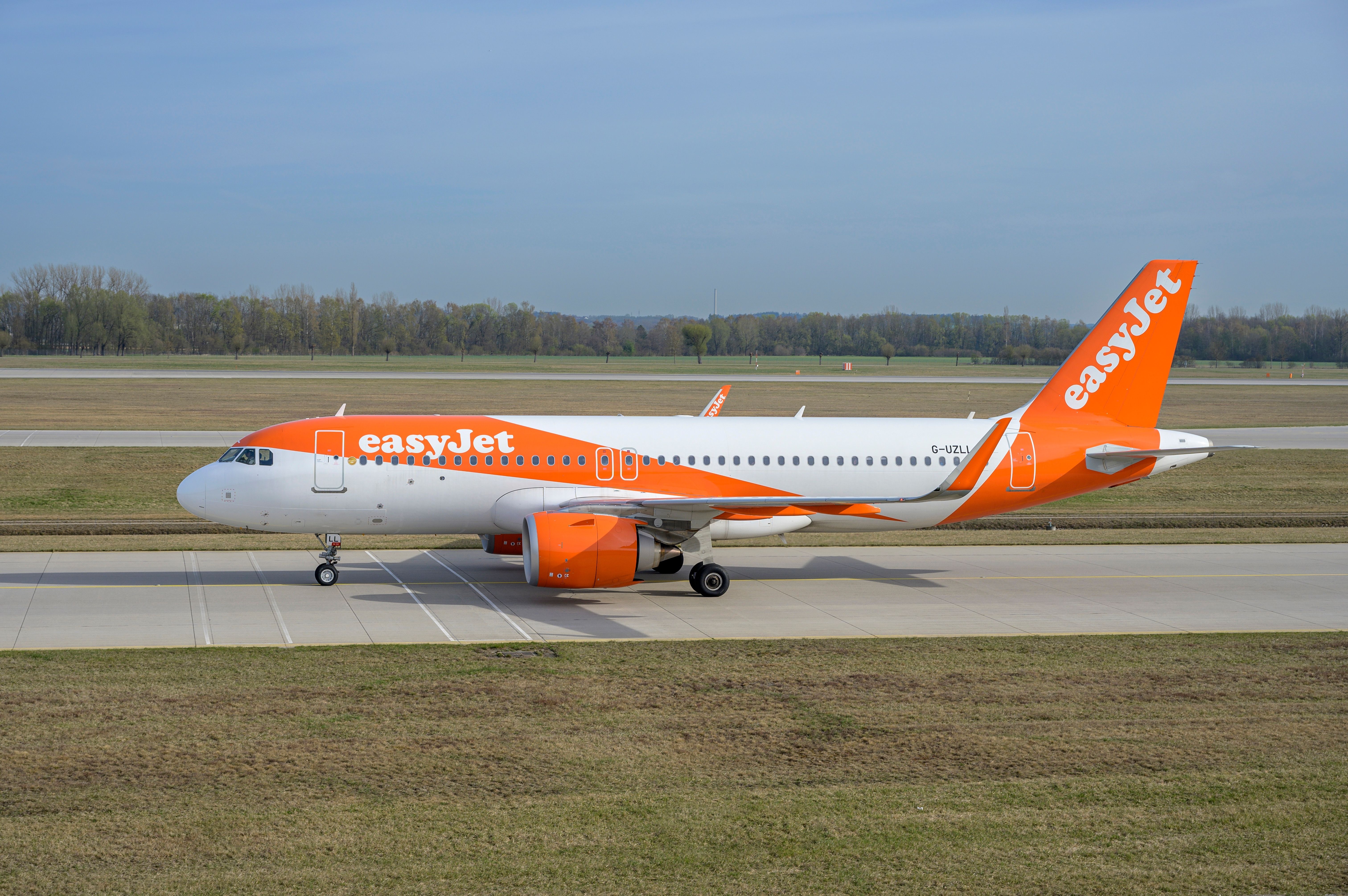 An easyJet Airbus A320-251N with the aircraft registration G-UZLL  is taxiing for take off on the northern runway 08L of Munich Airport MUC 