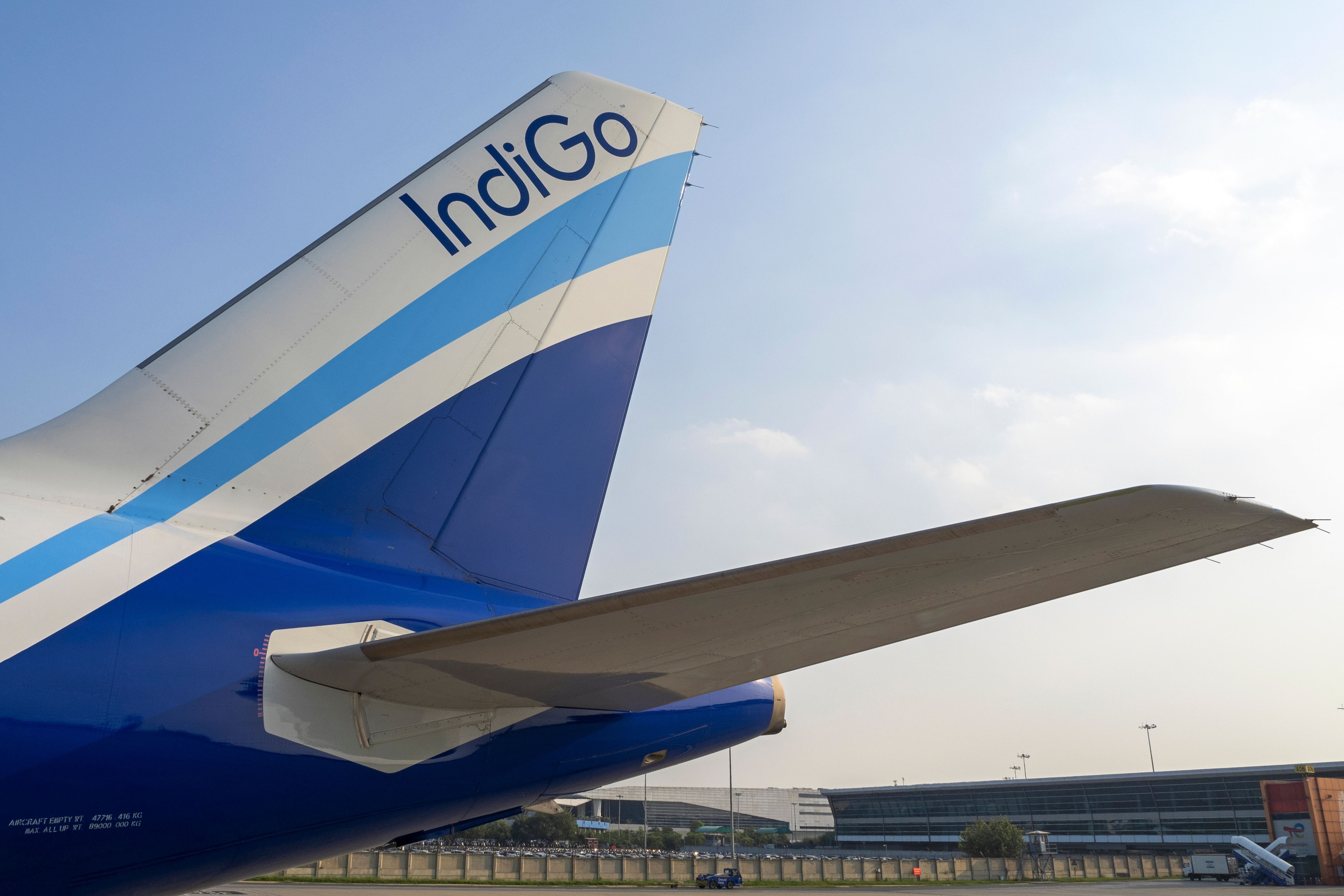 The tail of an IndiGo Airbus A321neo.