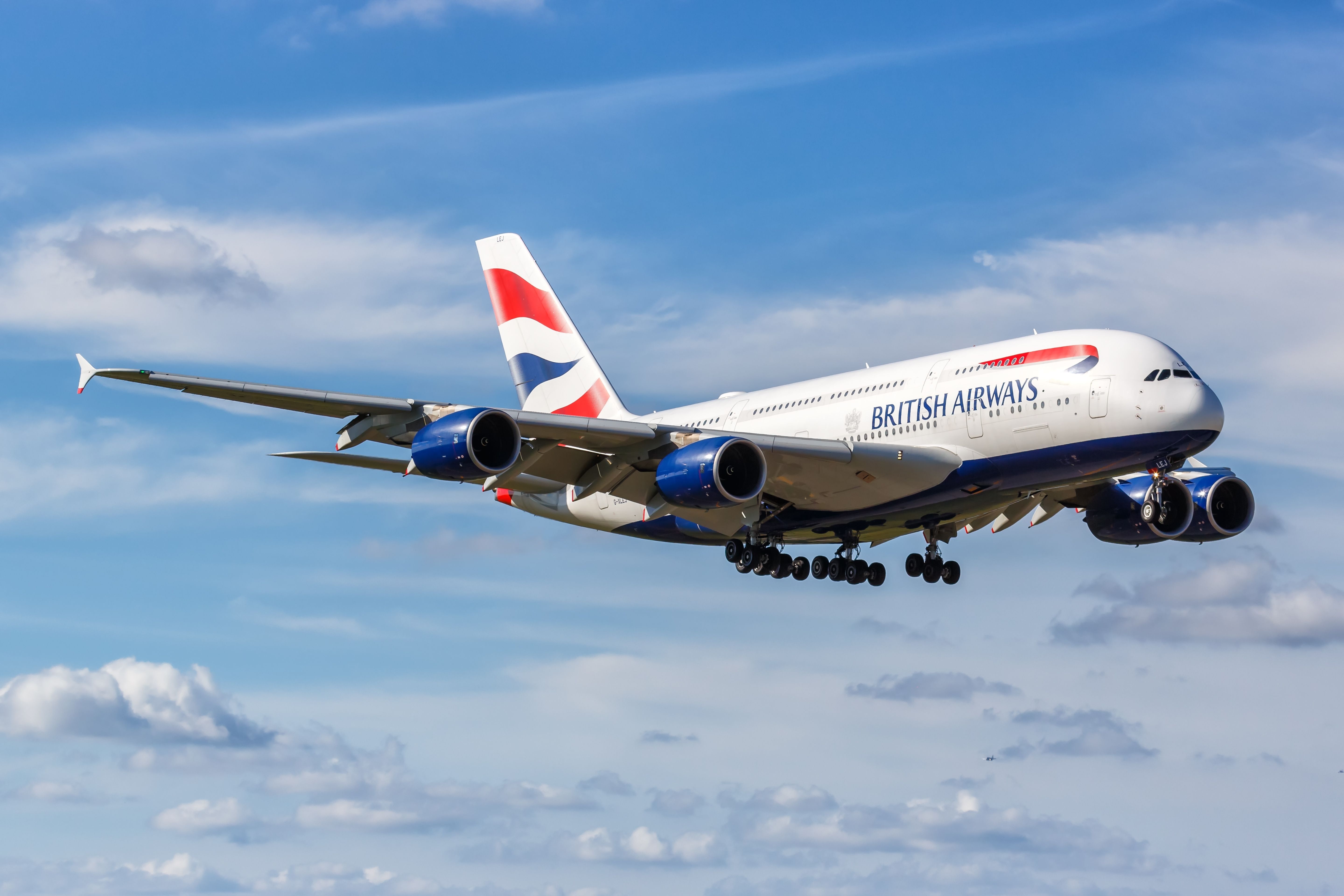 A British Airways Airbus A380 flying low near Miami International Airport.
