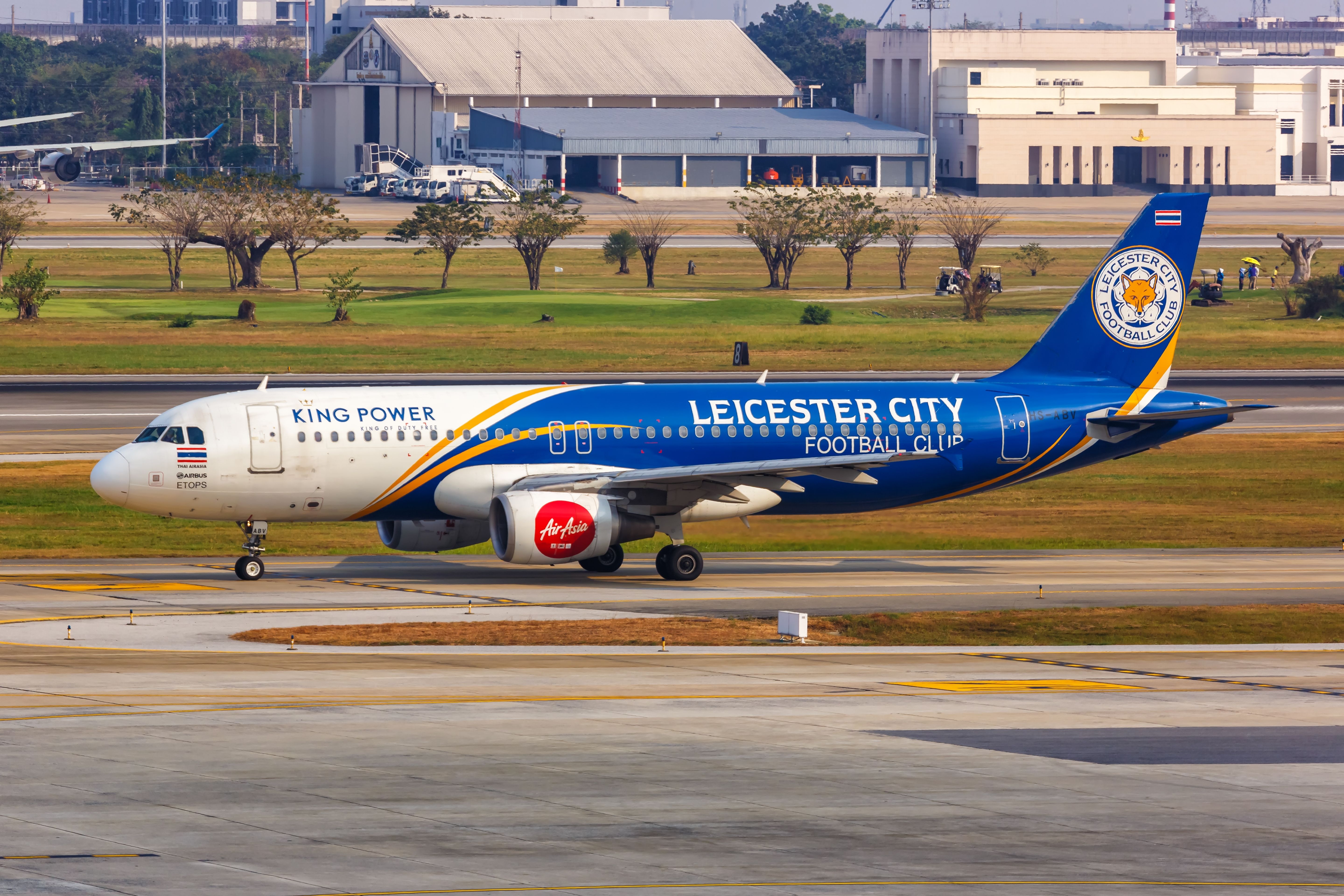 The Thai AirAsia Airbus A320 in Leicester City Livery, taxiing to the runway.