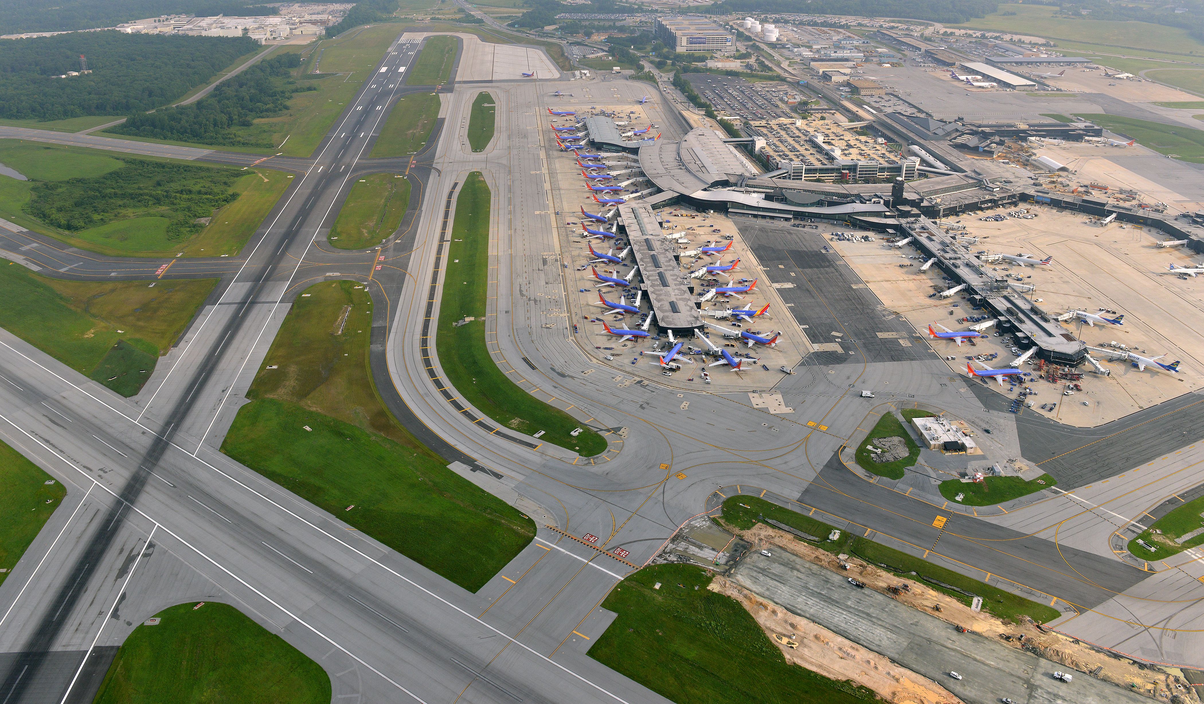 Aerial view of Baltimore Washington International Airport shows taxiway improvements underway to improve safety and reduce congestion, as of June 27, 2015.