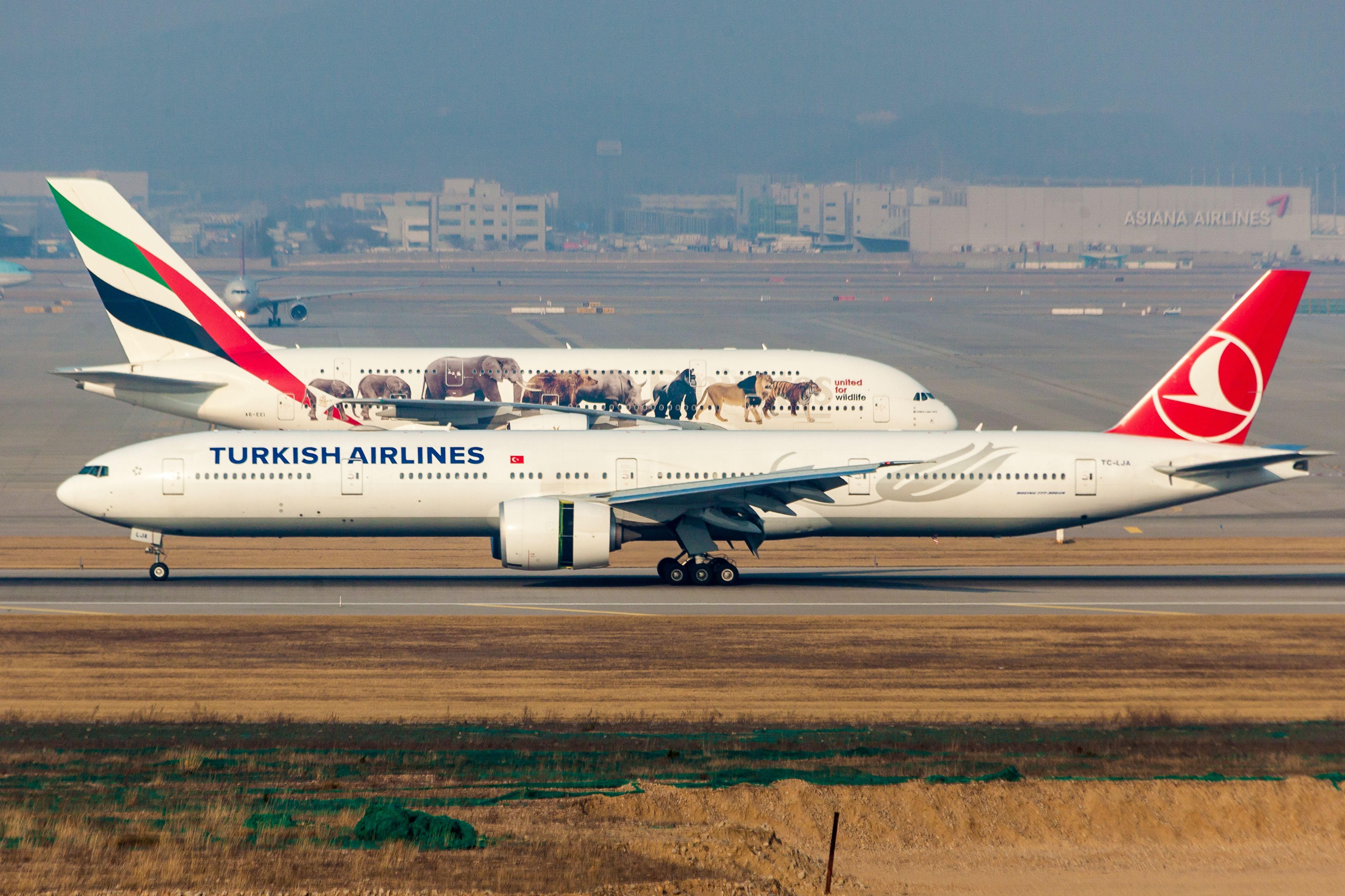 Turkish airlines Boeing 777-300ER landing while an Emirates Airbus A380 from Dubai was taxiing at Incheon international airport.