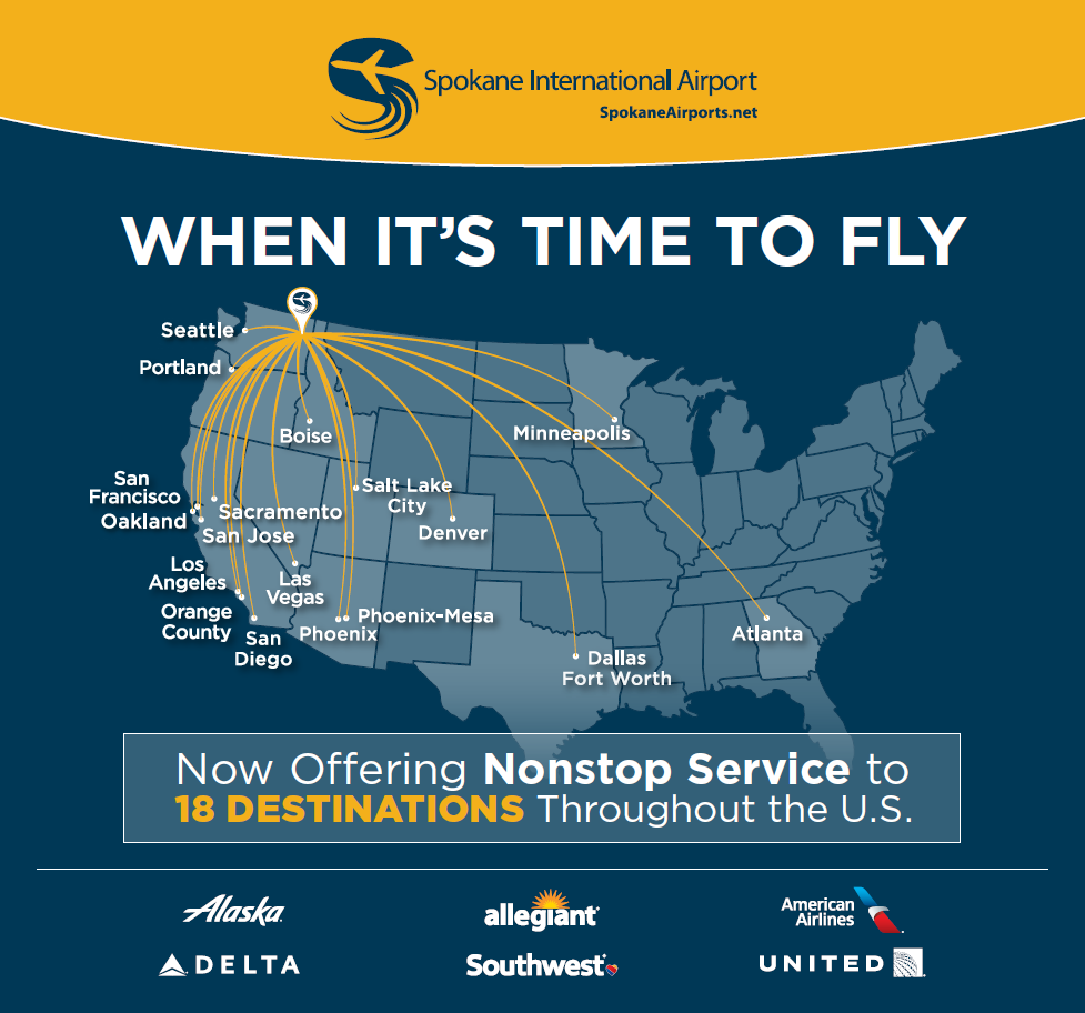 A routemap showing all destinations served directly by Spokane International Airport.