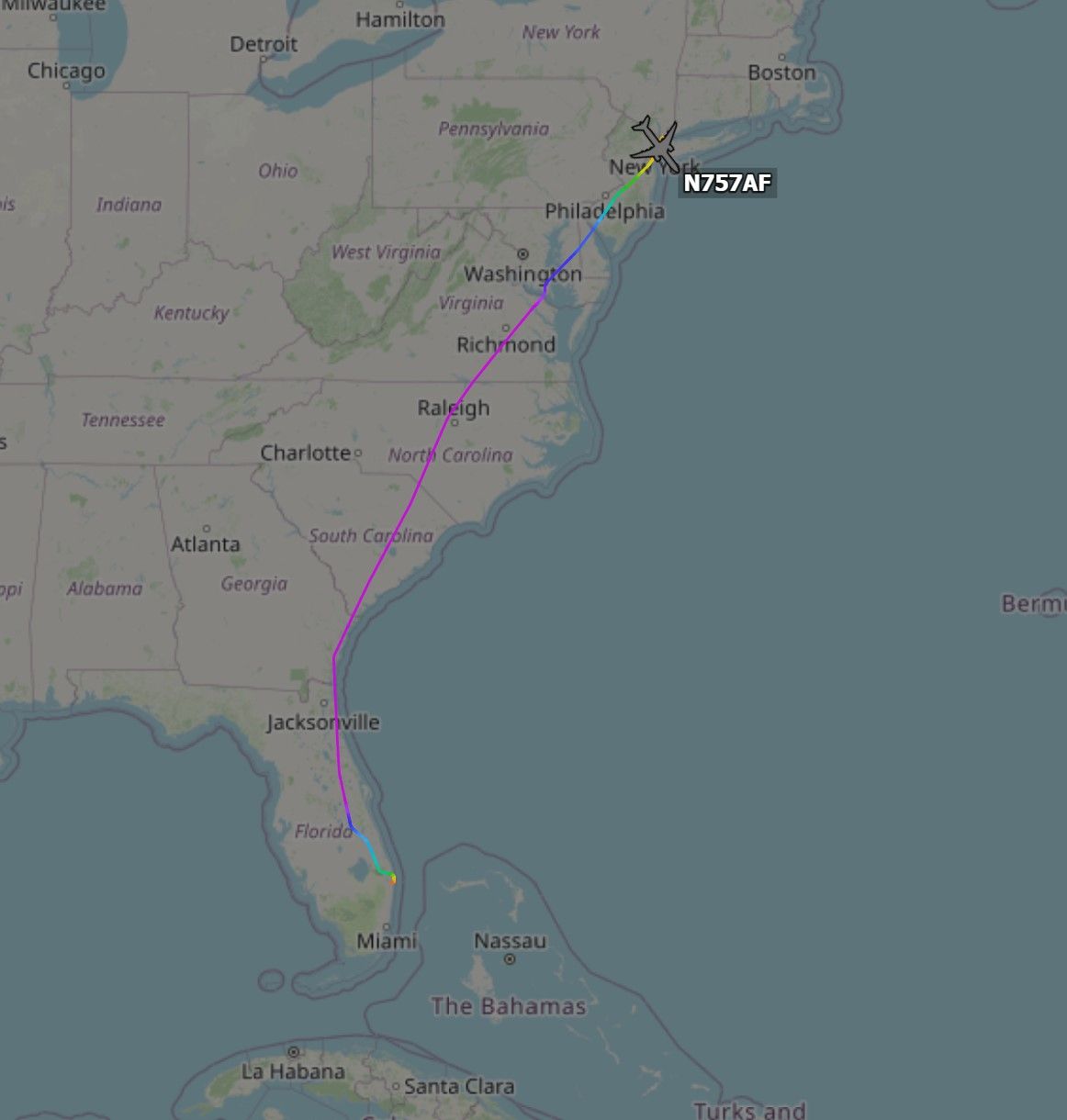 Trump N757AF flight map PBI LGA