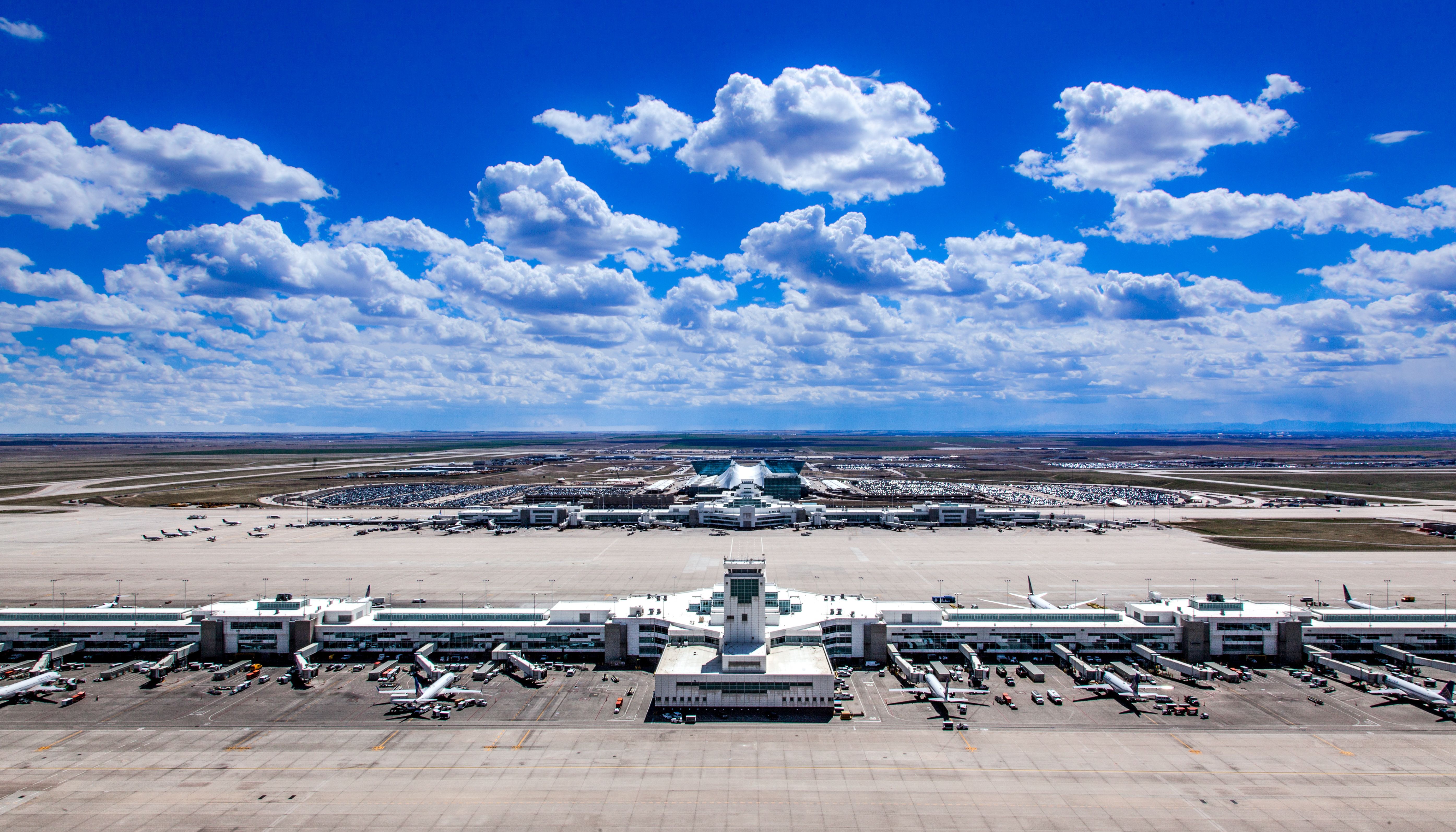 Aerial view of Denver International Airport's satellite terminal.