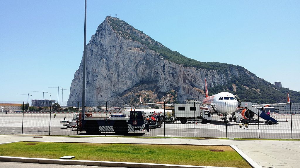 A panoramic view of Gibraltar airport, with a full view of the Rock of Gibraltar.