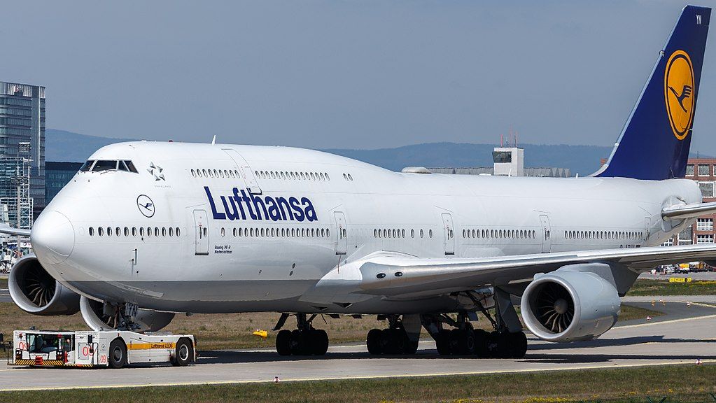 A Lufthansa Boeing 747-8 landing at Frankfurt Airport.