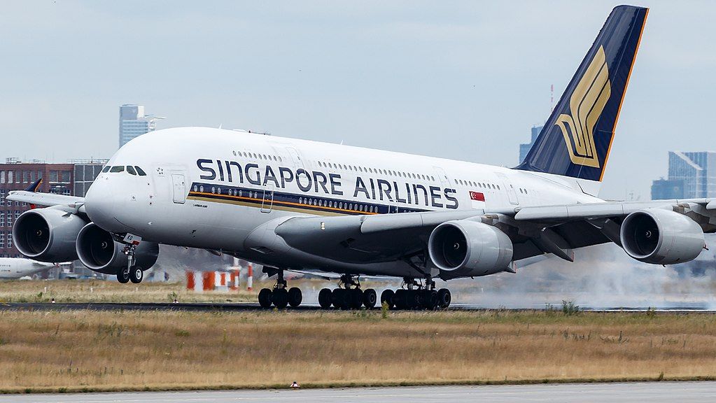 A Singapore Airlines Airbus A380-800 landing at Frankfurt Airport.