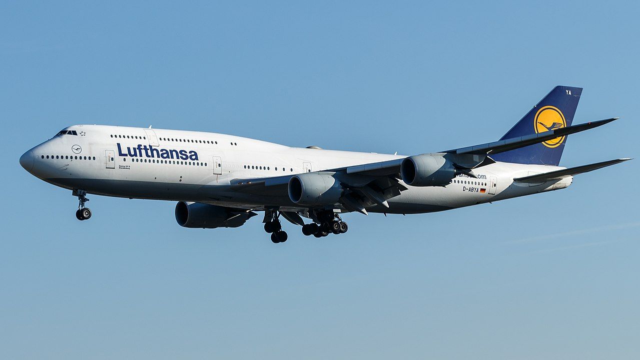 A Lufthansa Boeing 747-8 arriving at Frankfurt Airport.