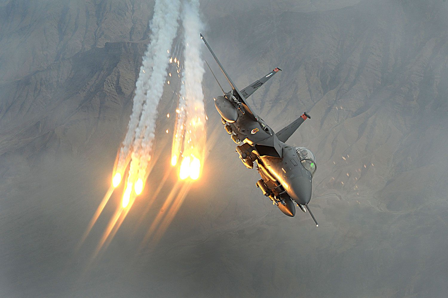 An F-15E Strike Eagle Releasing Flares over Afghanistan.