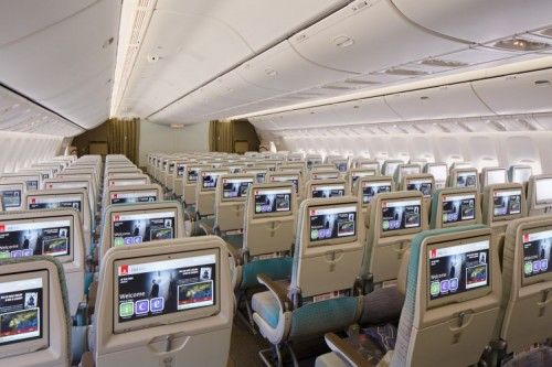 Inside the economy class cabin of a Boeing 777-300er aircraft.