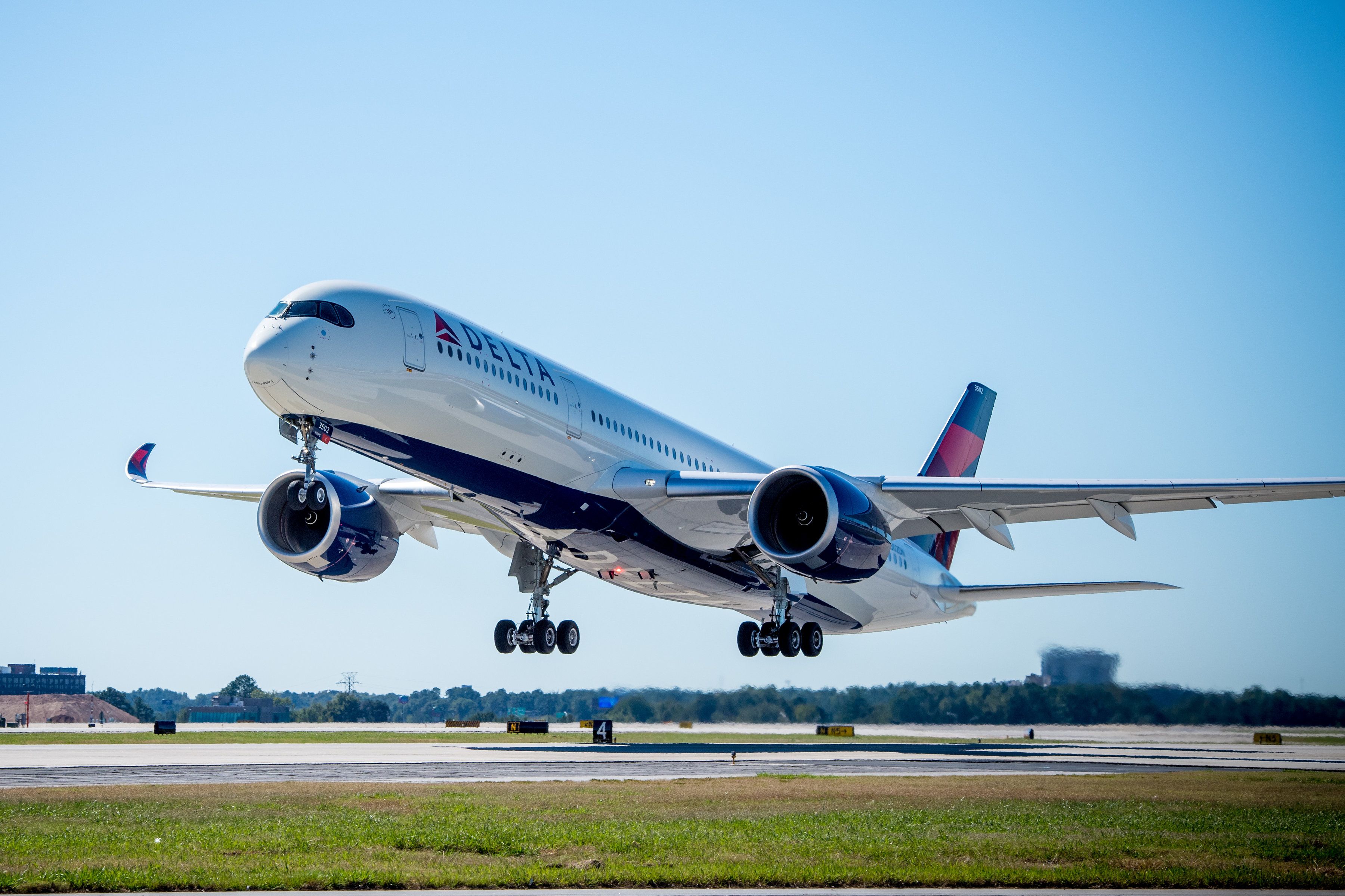 A Delta Air Lines Airbus A350 just after takeoff.