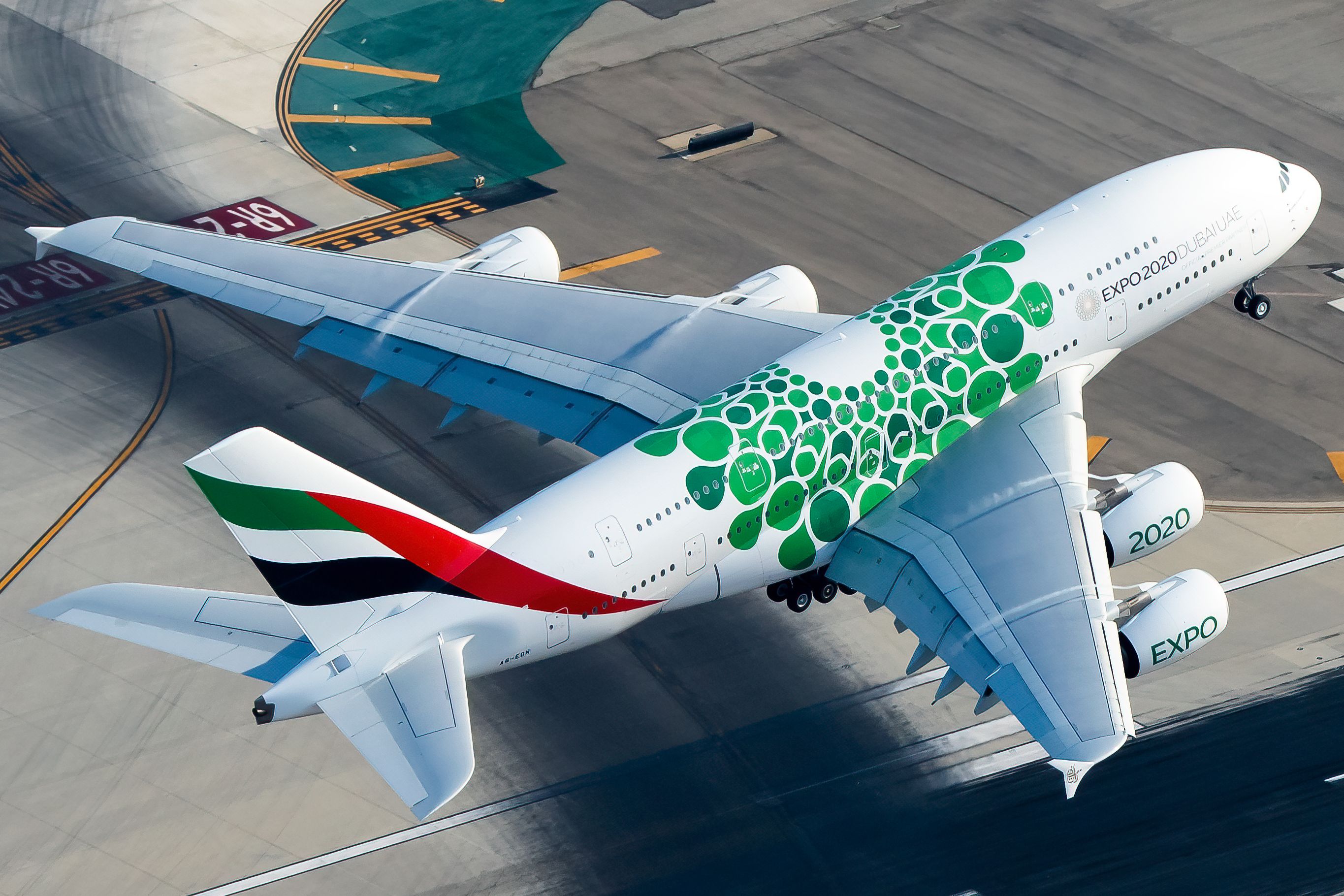 An Emirates A380 taking off. 