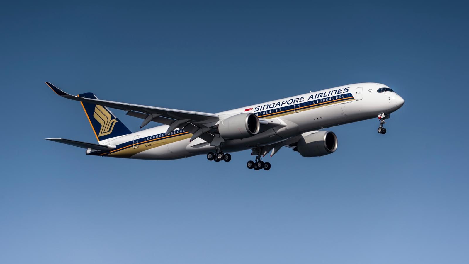 A Singapore Airlines A350-900ULR flying in the sky.