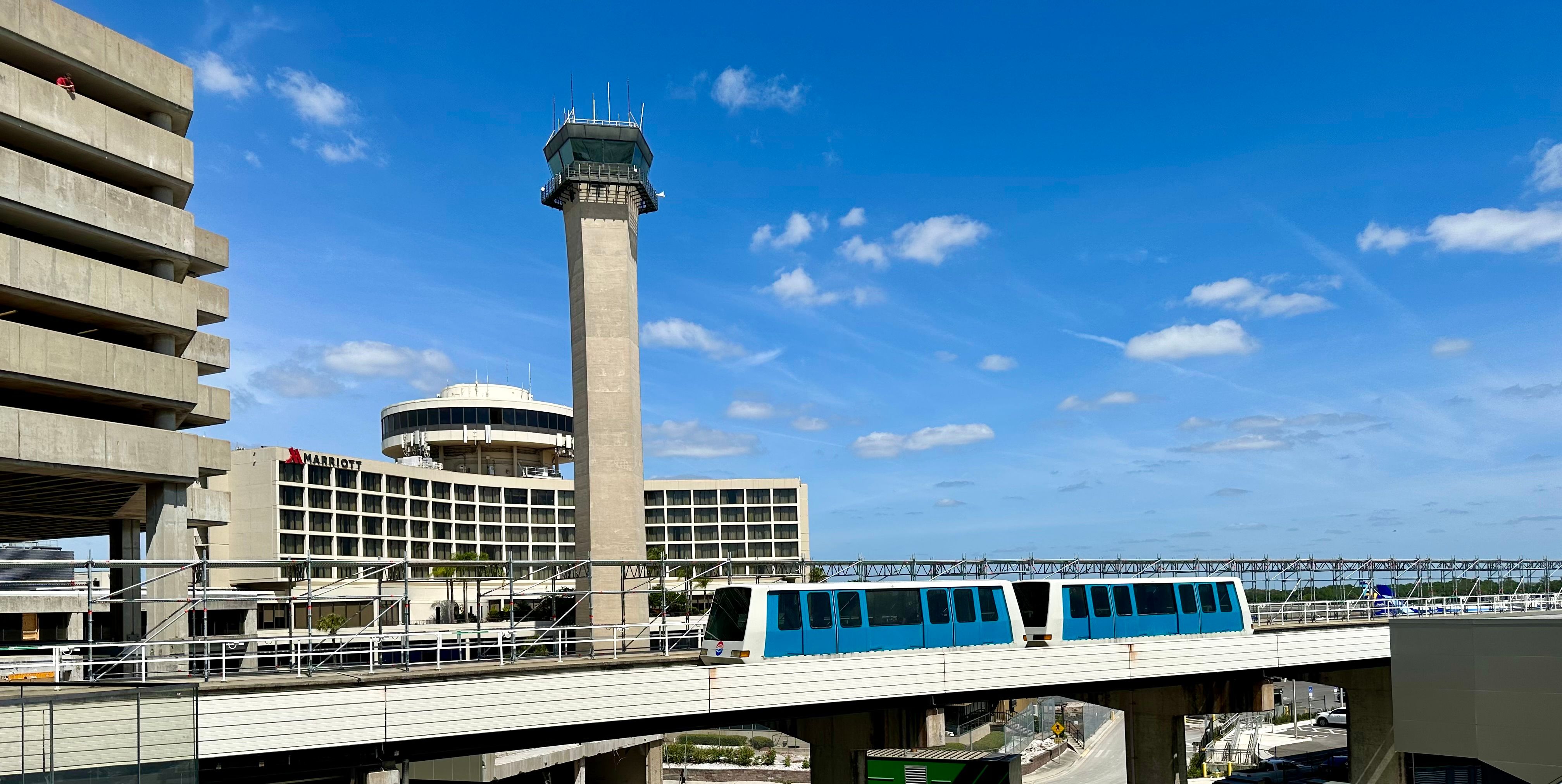 The Tampa International Airport Blue Shuttle moving on the rail.
