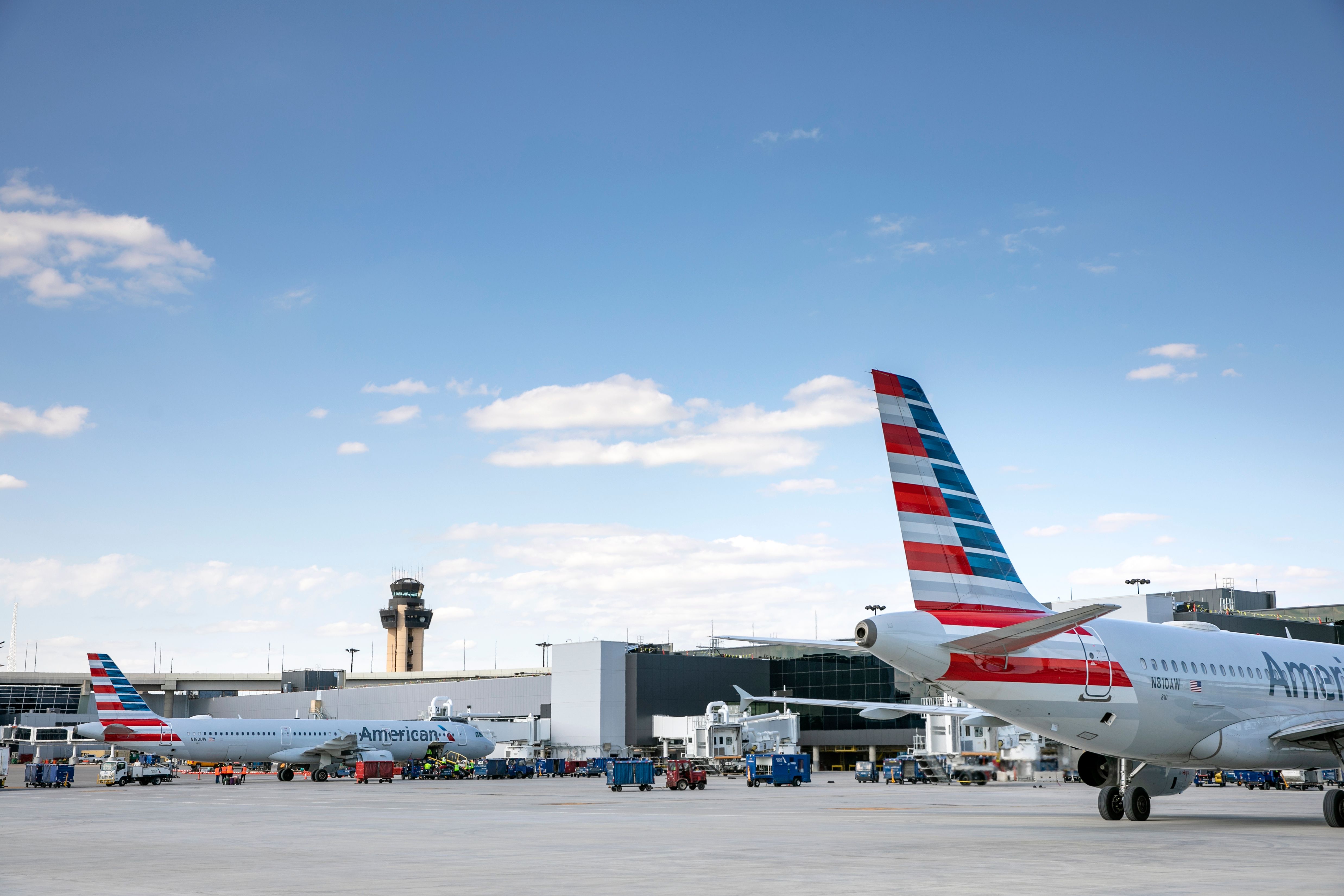 American Airlines with the tower at Dallas Fort Worth Airport