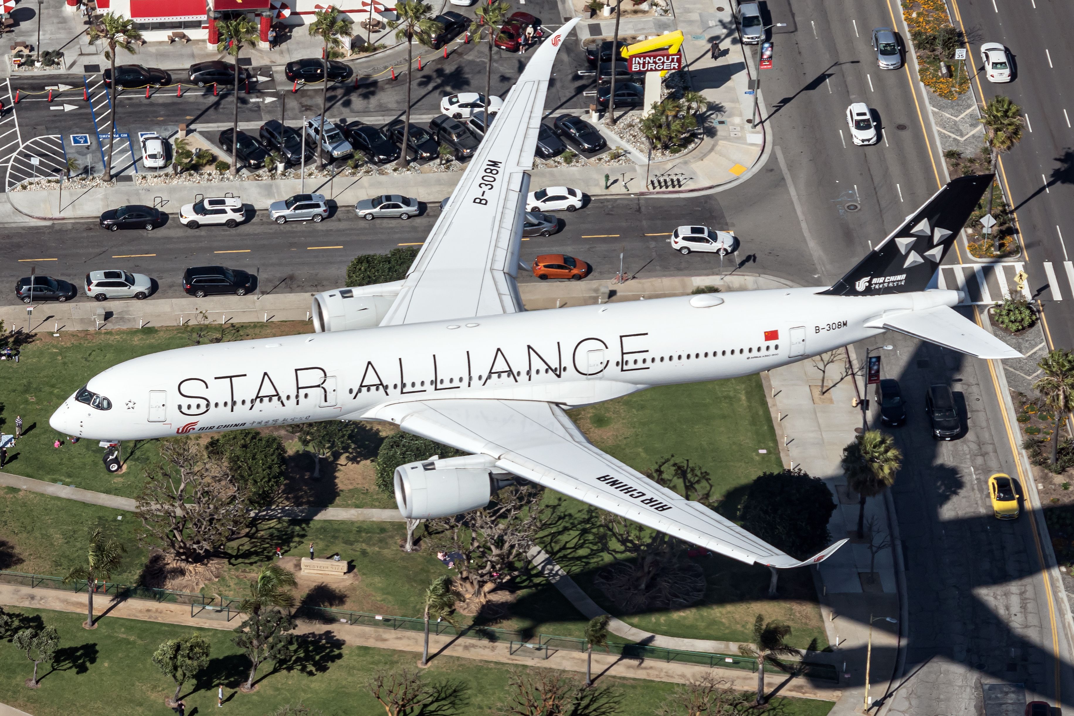 An Air China Airbus A350 in Star Alliance Livery about to land at Los Angeles.