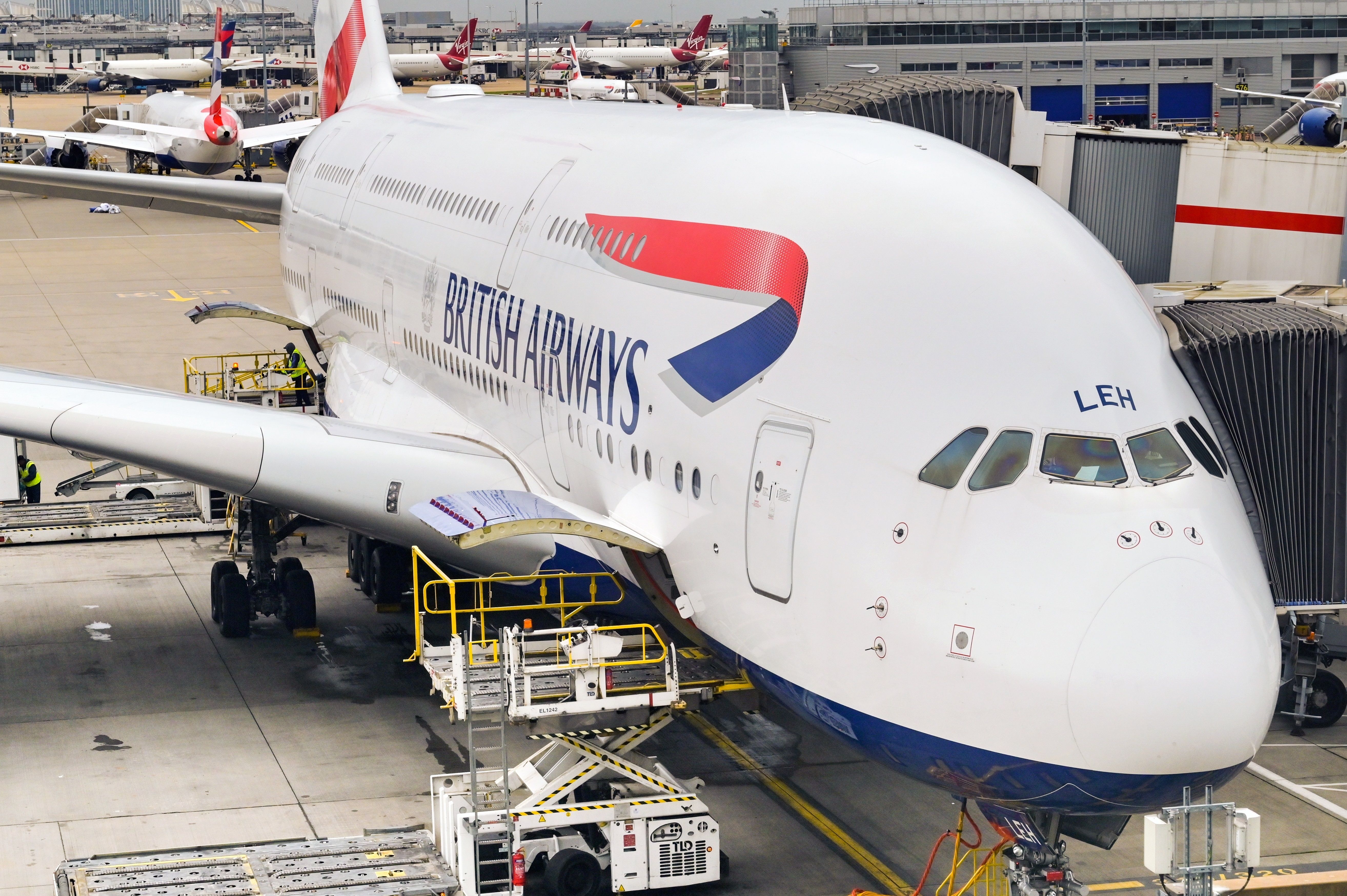 A British Airways A380 at the gate.