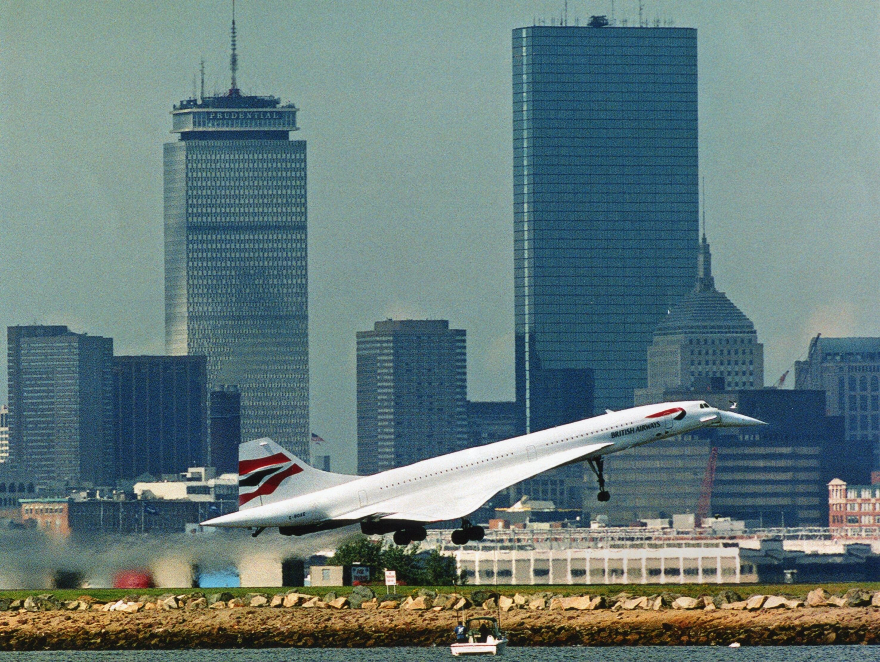 A British Airways Concorde landing at Boston Logan International.