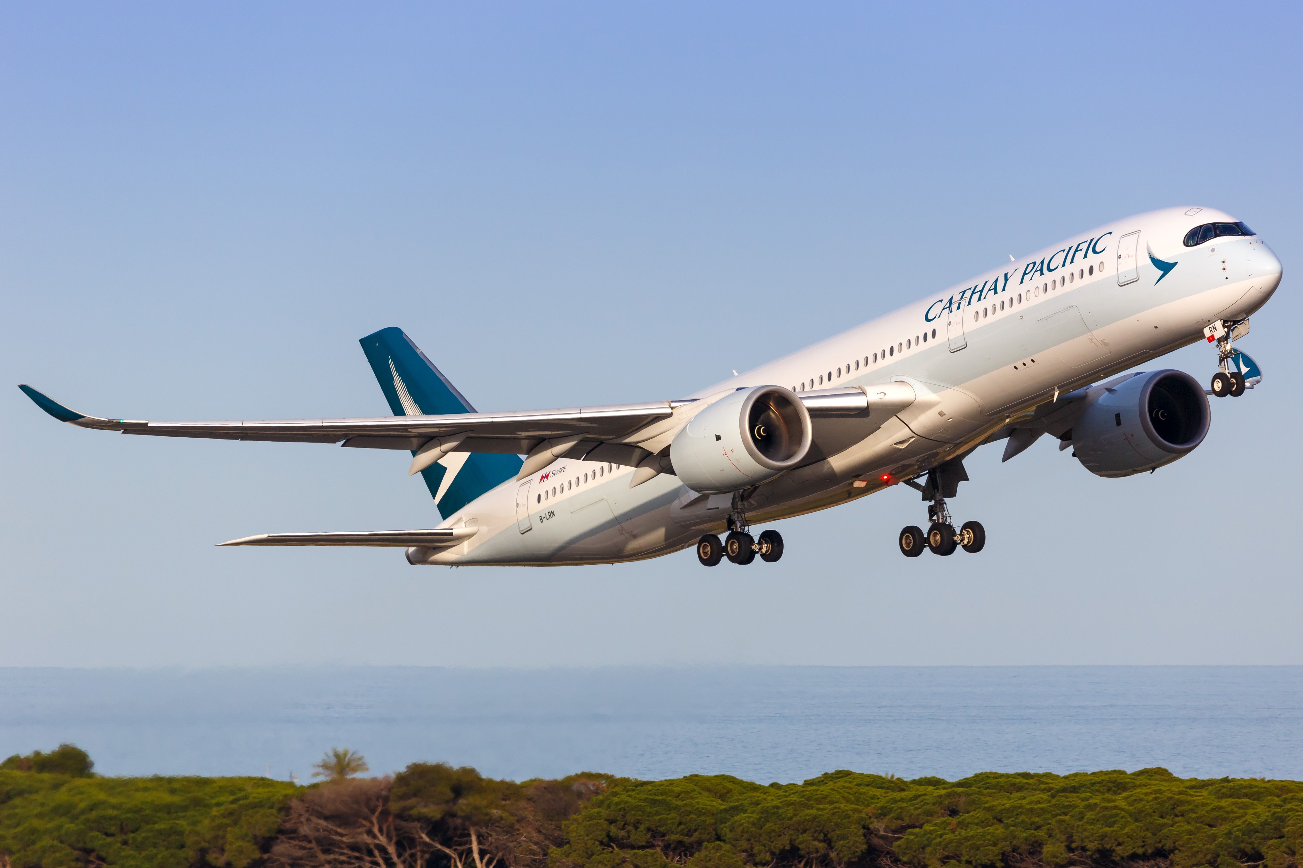 A Cathay Pacific A350 taking off.
