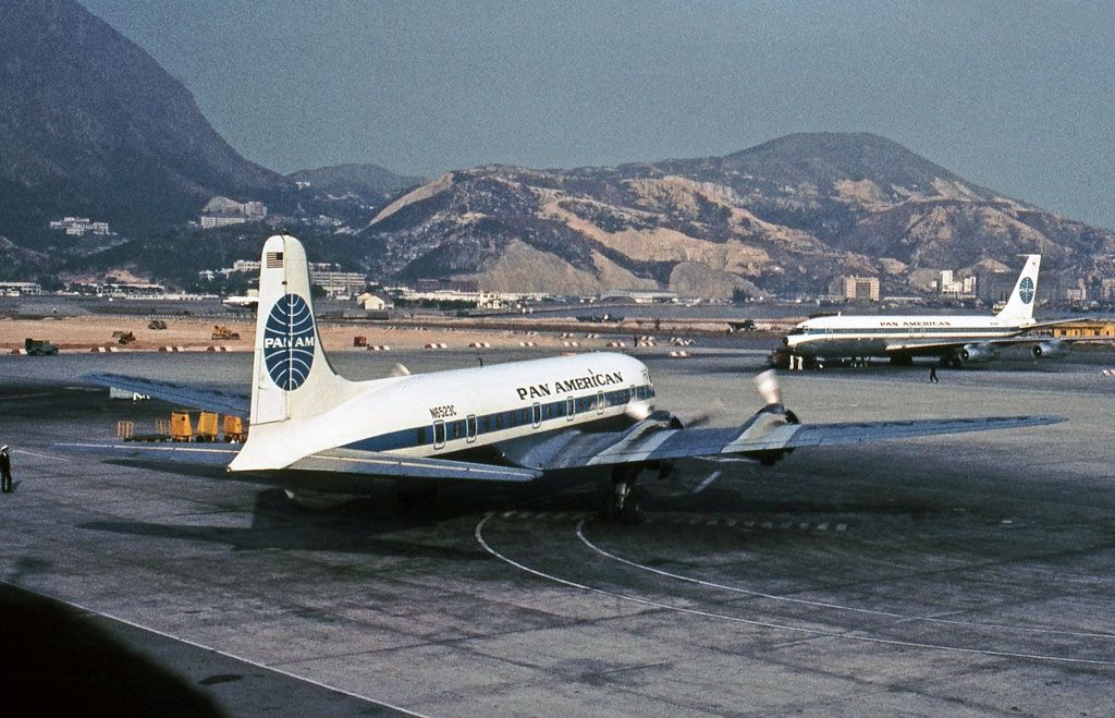 A Pan Am Douglas DC-6B taxiing at Hong Kong Kai Tak Airport.