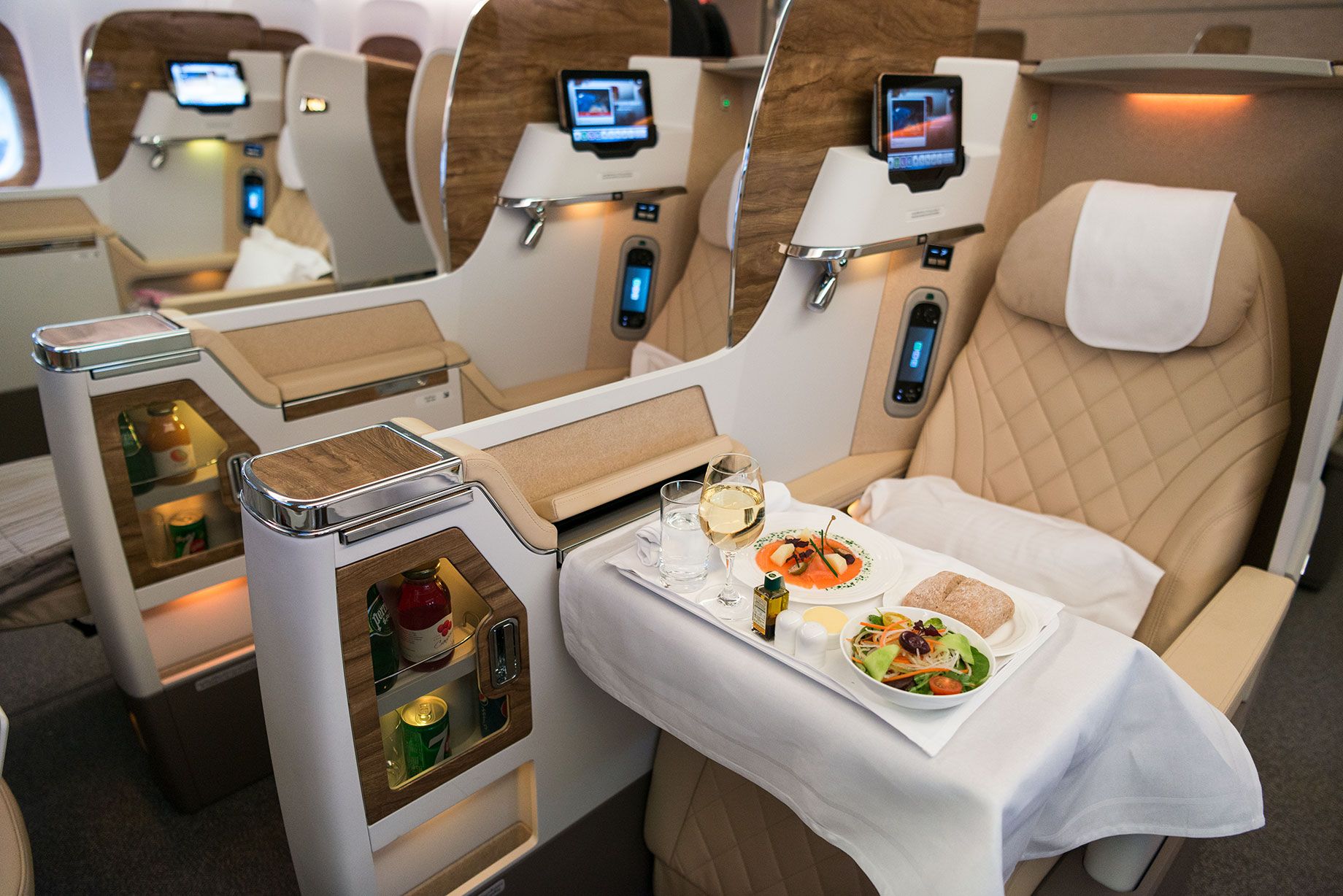 Emirates' Boeing 777 business class cabin.