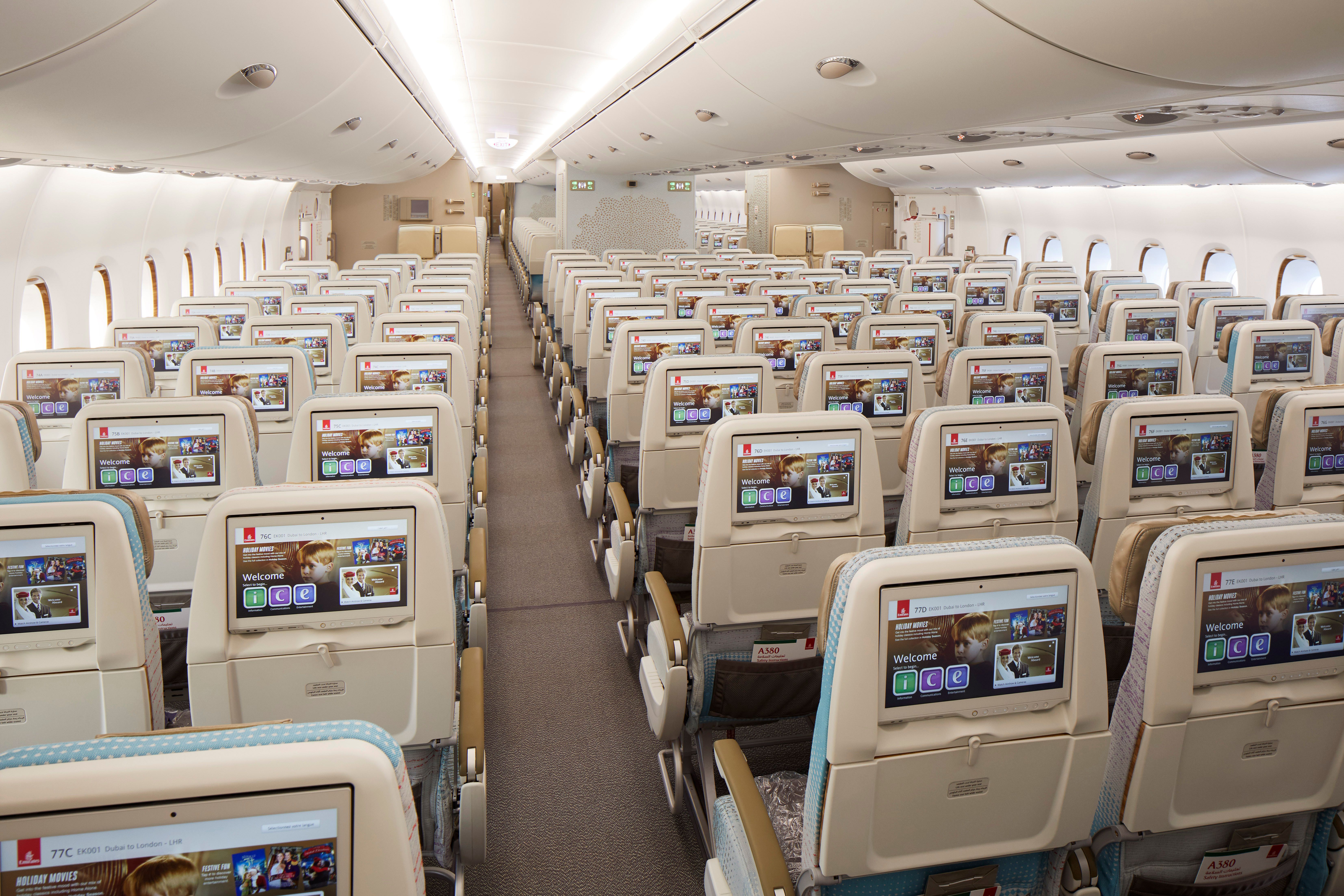 Inside the Emirates A380 economy cabin.