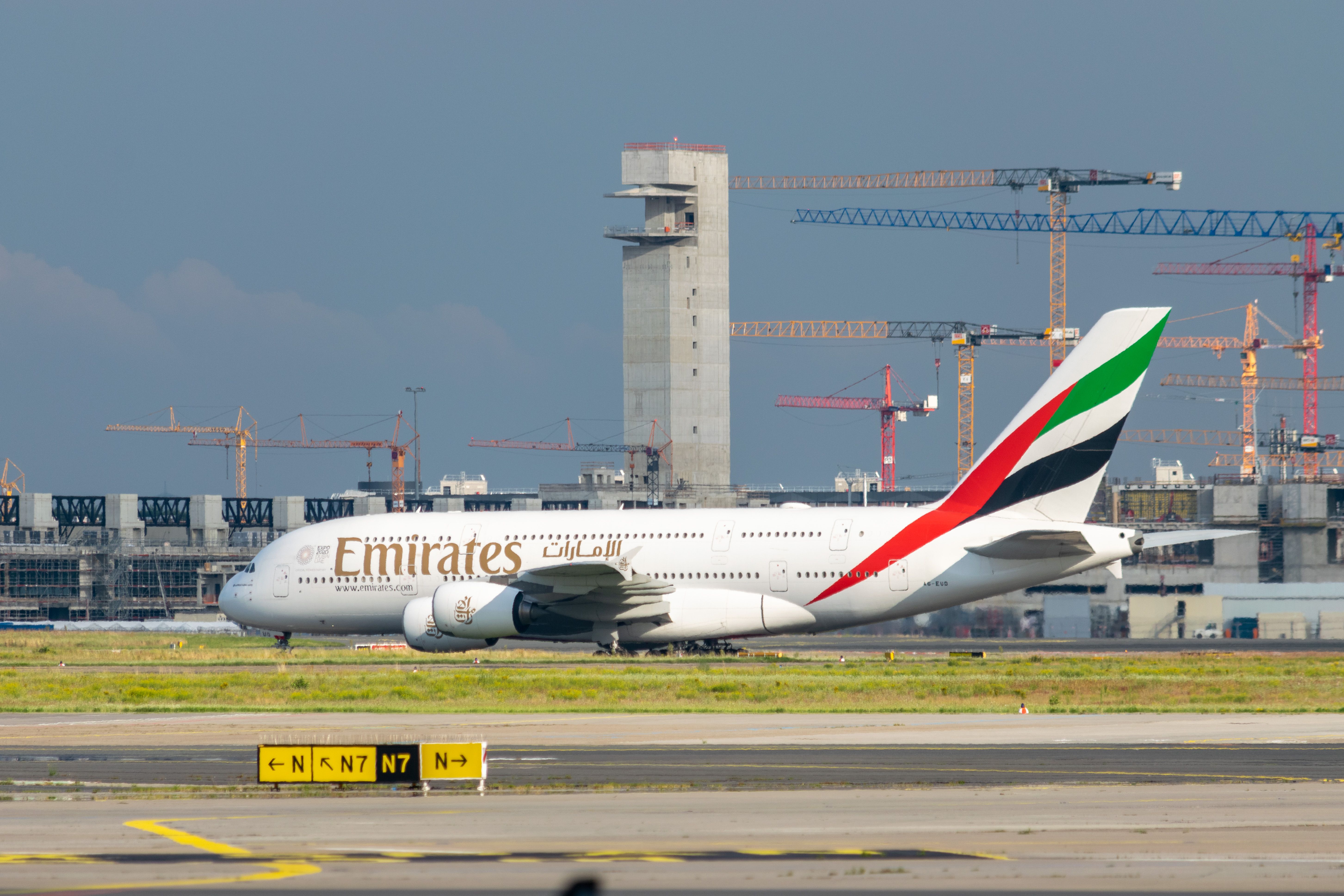 An Emirates Airbus A380-800 on a taxiway.
