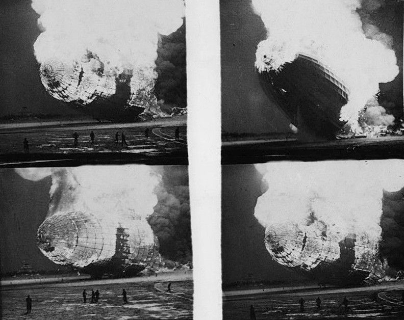 Different stages of the Hindenburg burning on the ground.