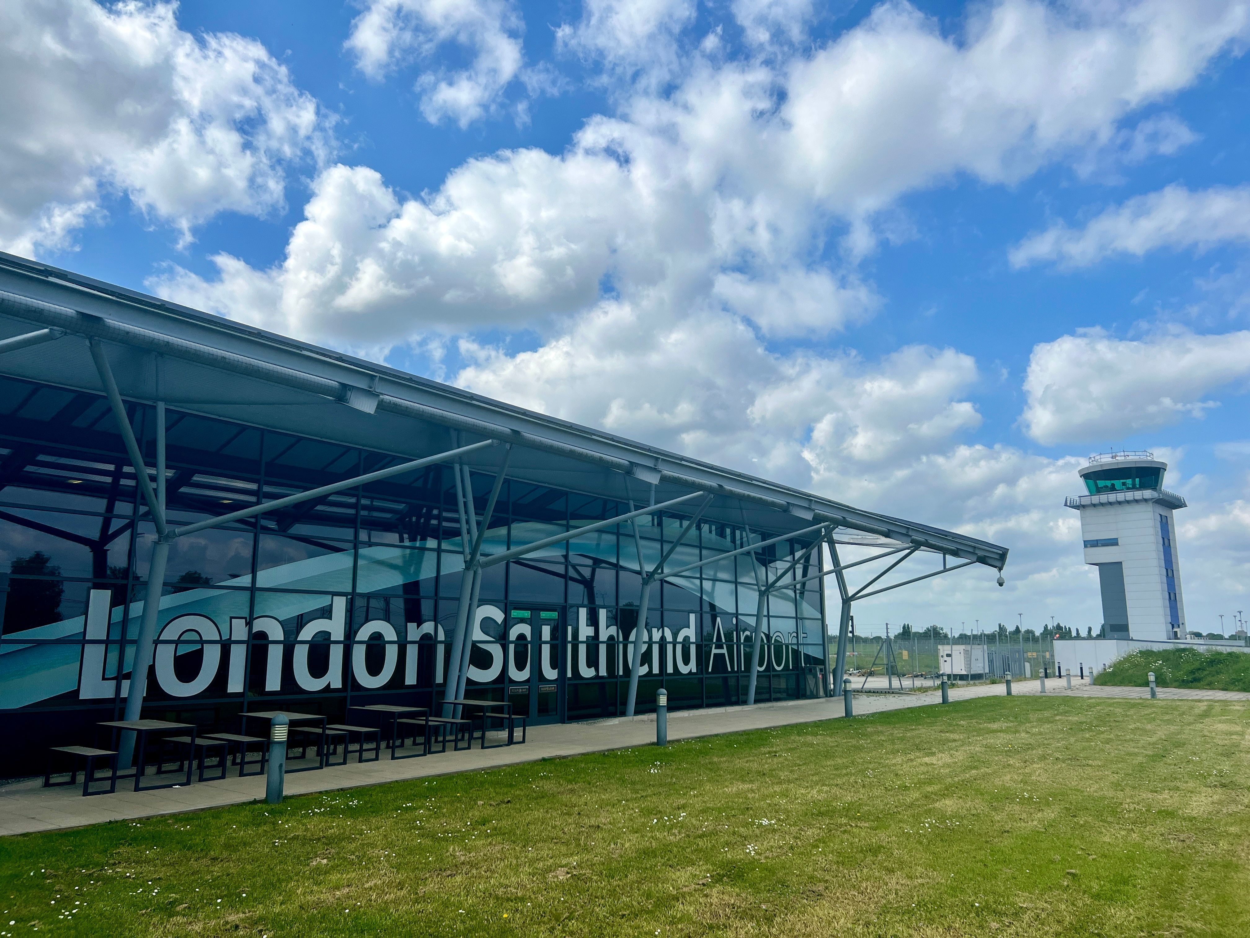 View of London Southend airport's exterior entrance and control tower.