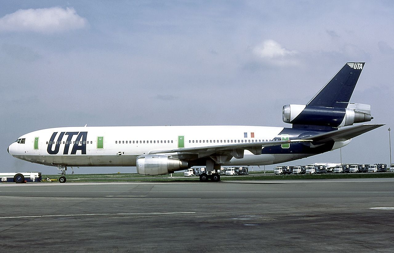 A TUA McDonnell Douglas DC-10-30 on an airport apron.