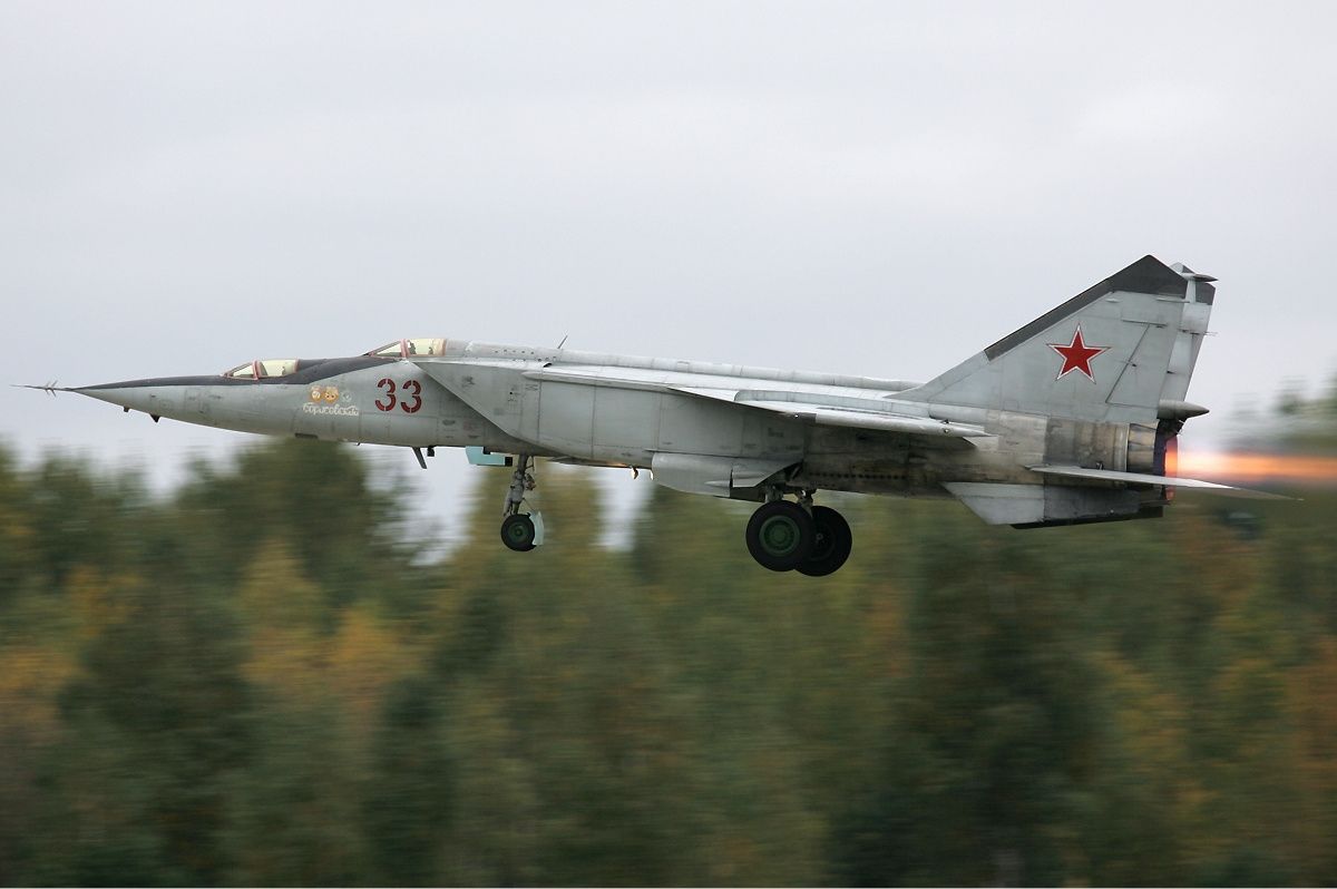A Russian Air Force MiG-25RU trainer taking off.