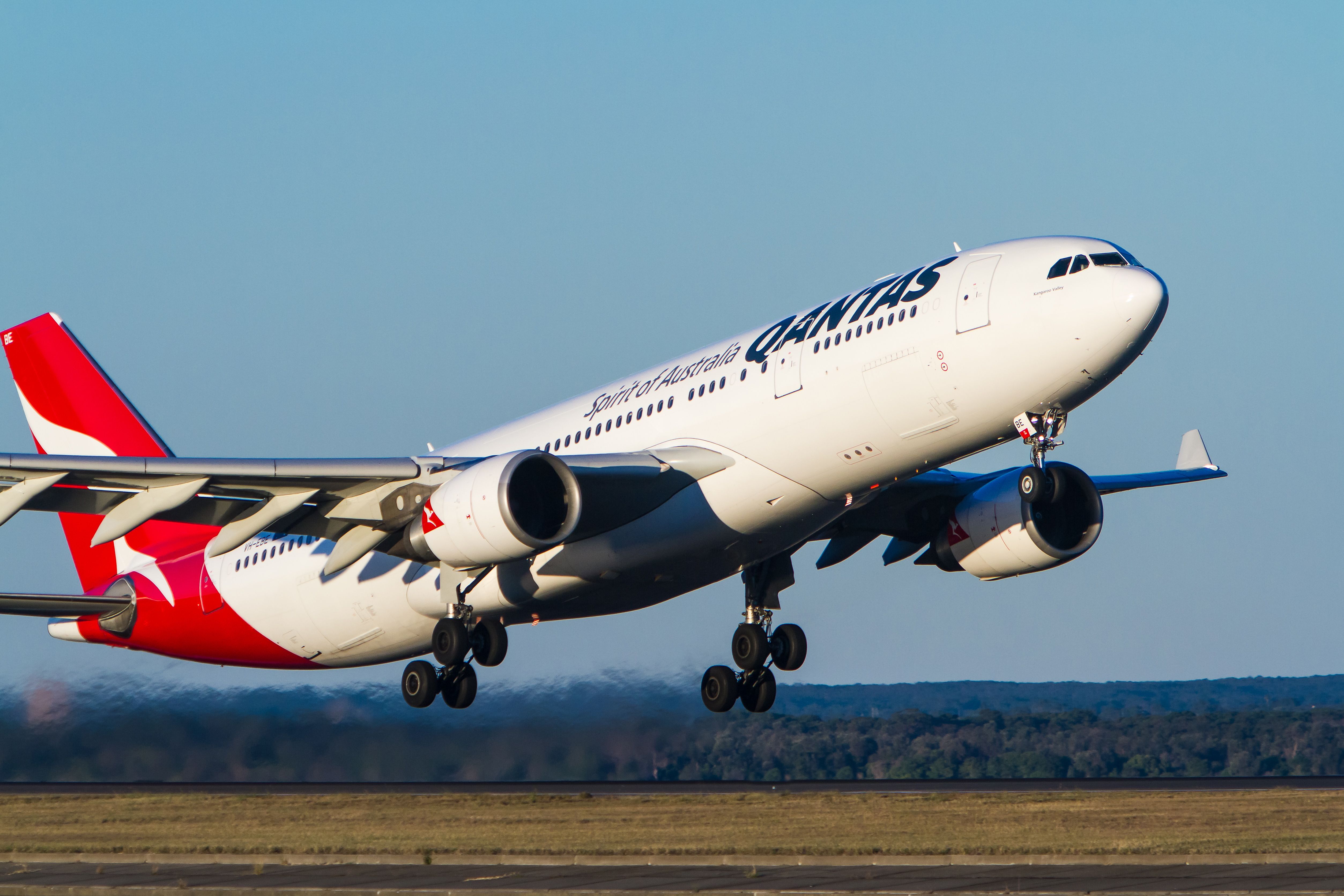 A Qantas Airbus A330 takes off.