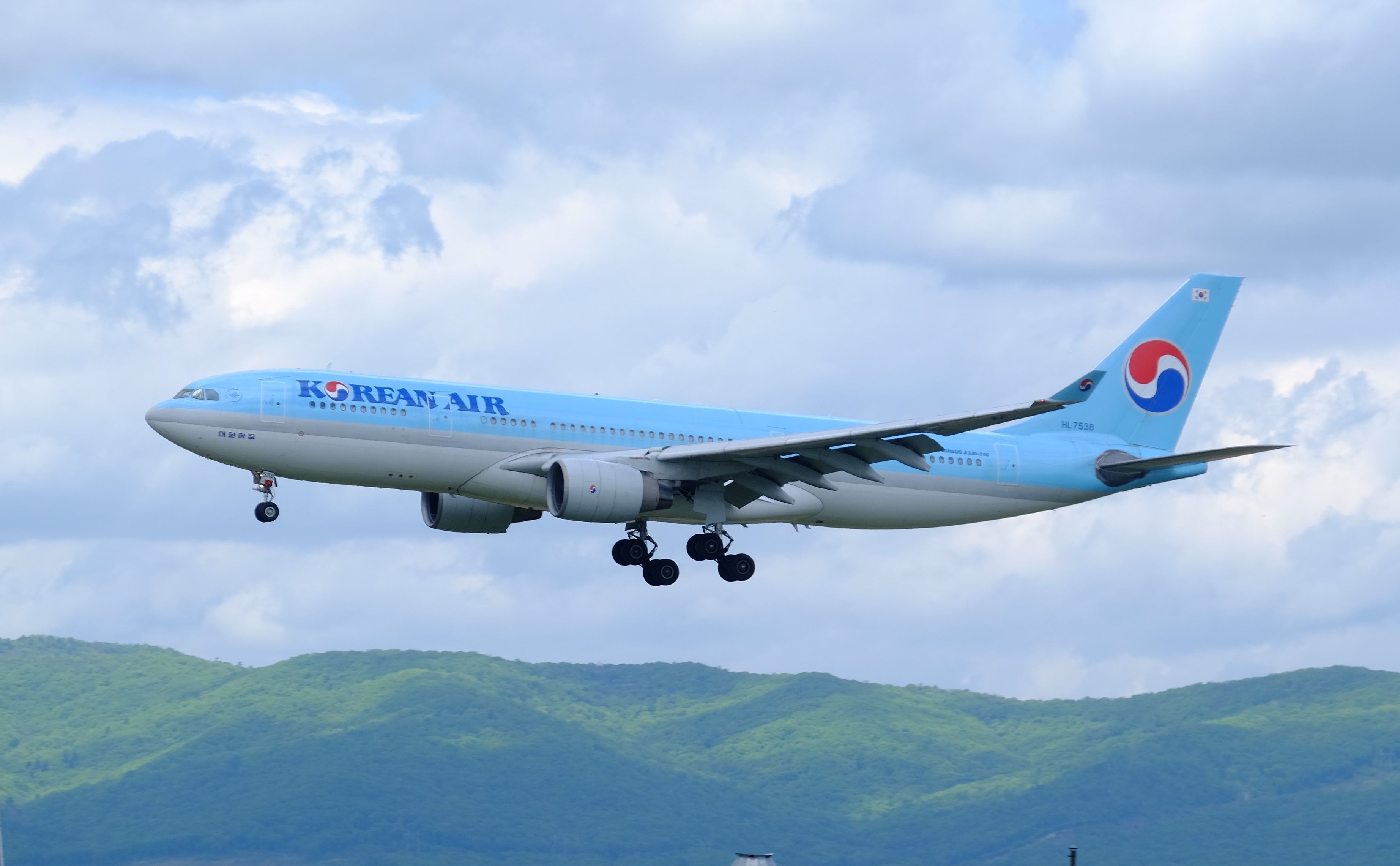 Airbus A330-200 of Korean Air performing approach operation at Vladivostor International airport.