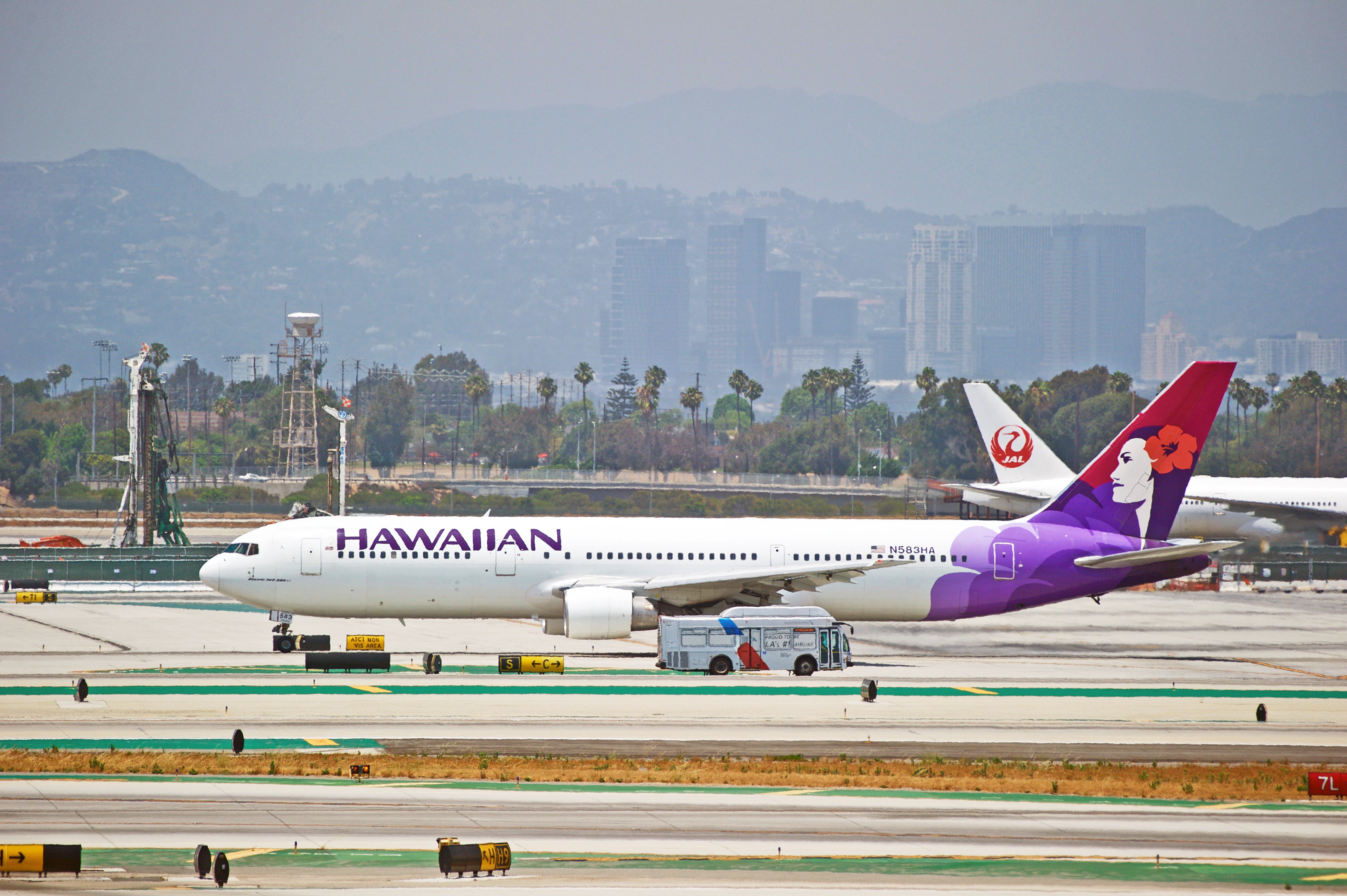 A Hawaiian Airlines Boeing 767 on the taxiway. 