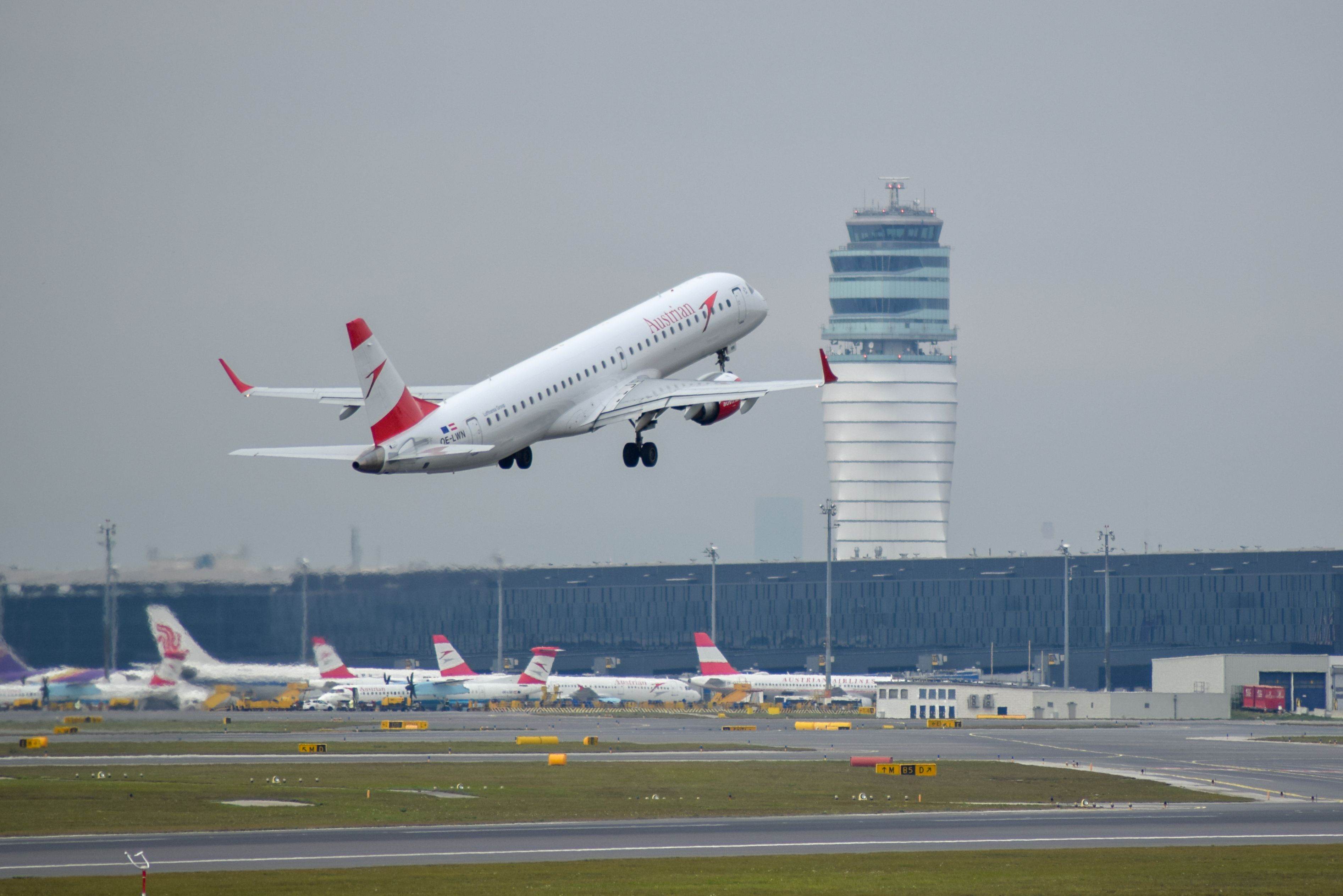 Austrian Airlines Airplane Crossing Vienna Airport ATC Tower