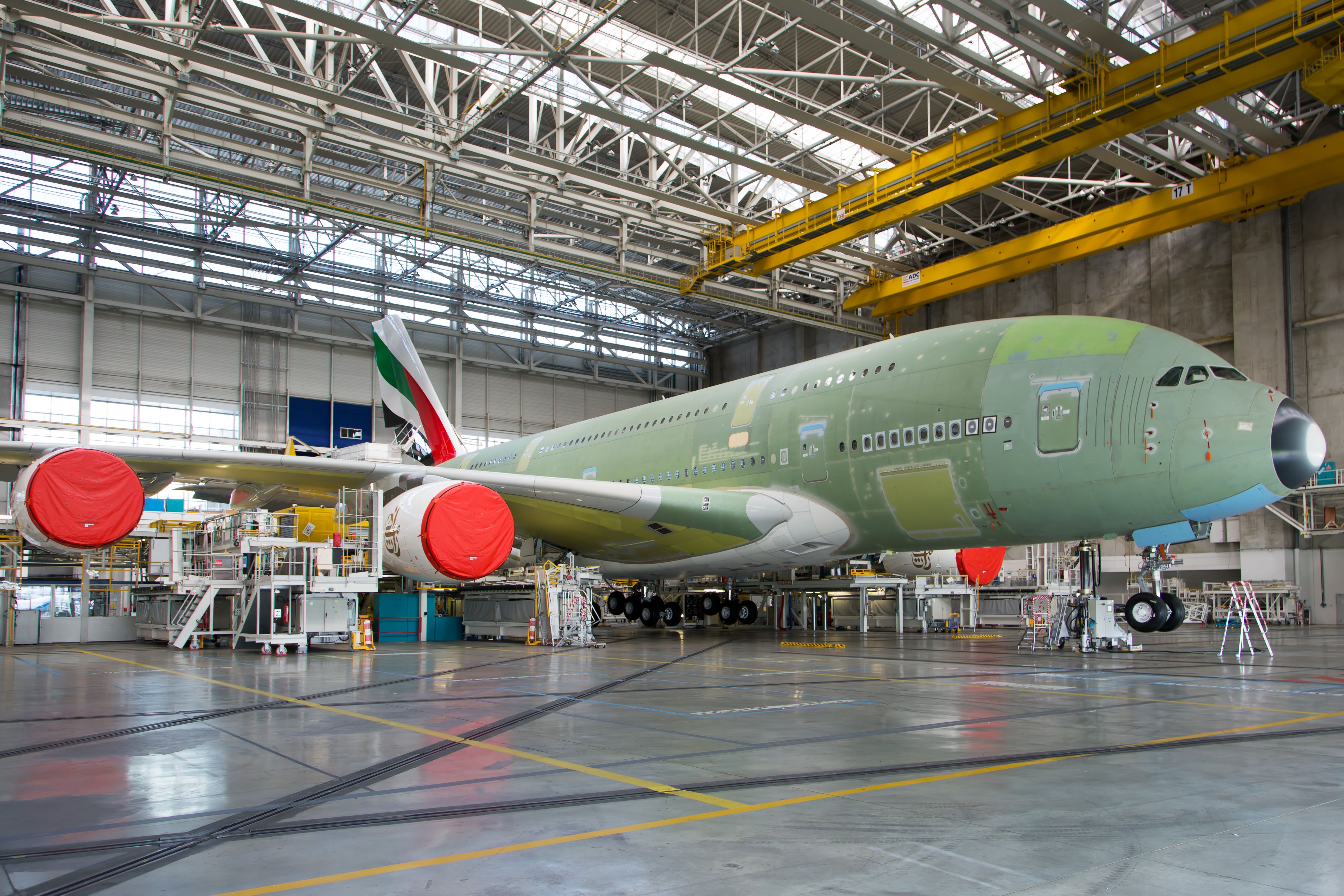 An Airbus A380 for Emirates being tested during manufacturing.