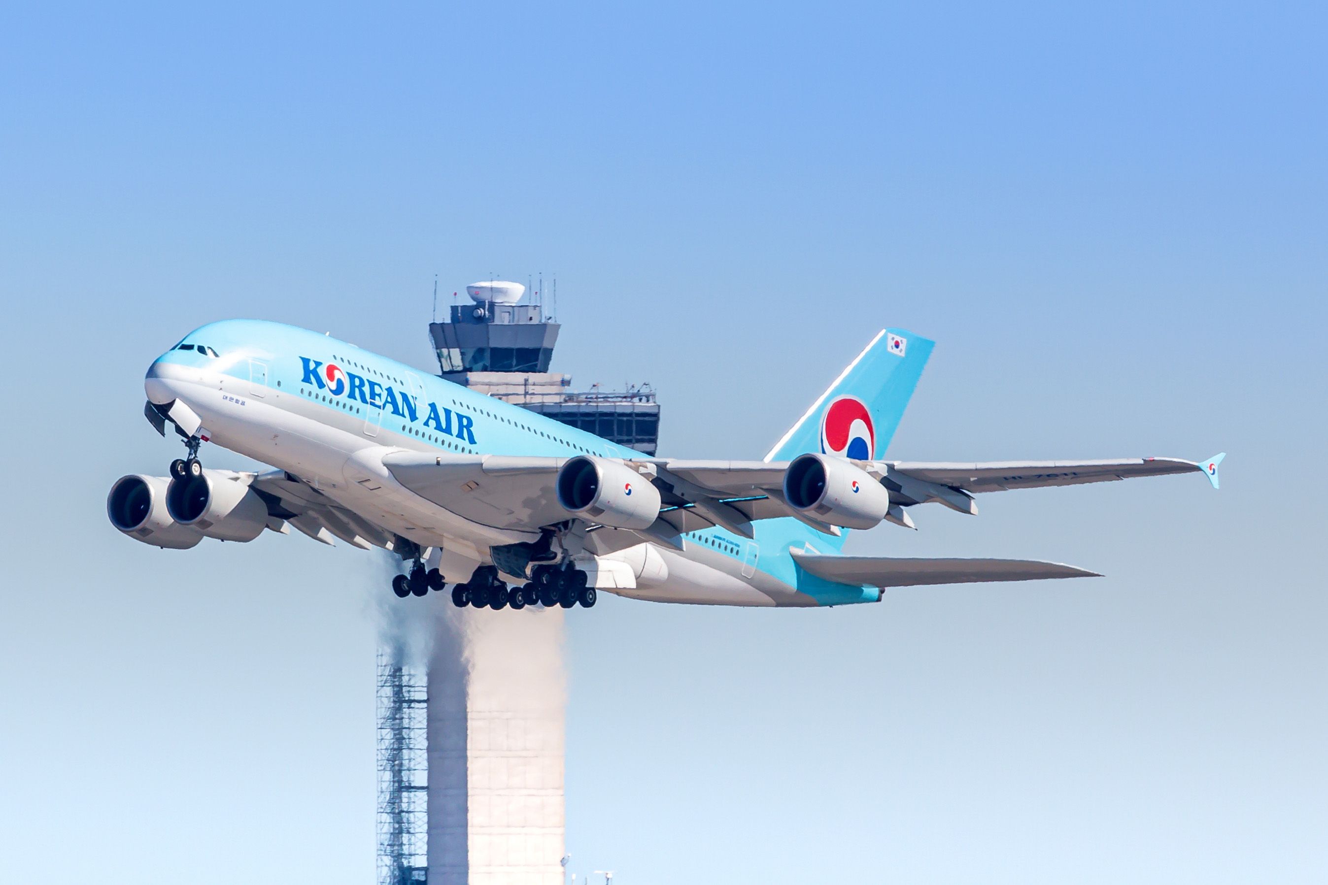 A Korean Air Airbus A380 just after take off.