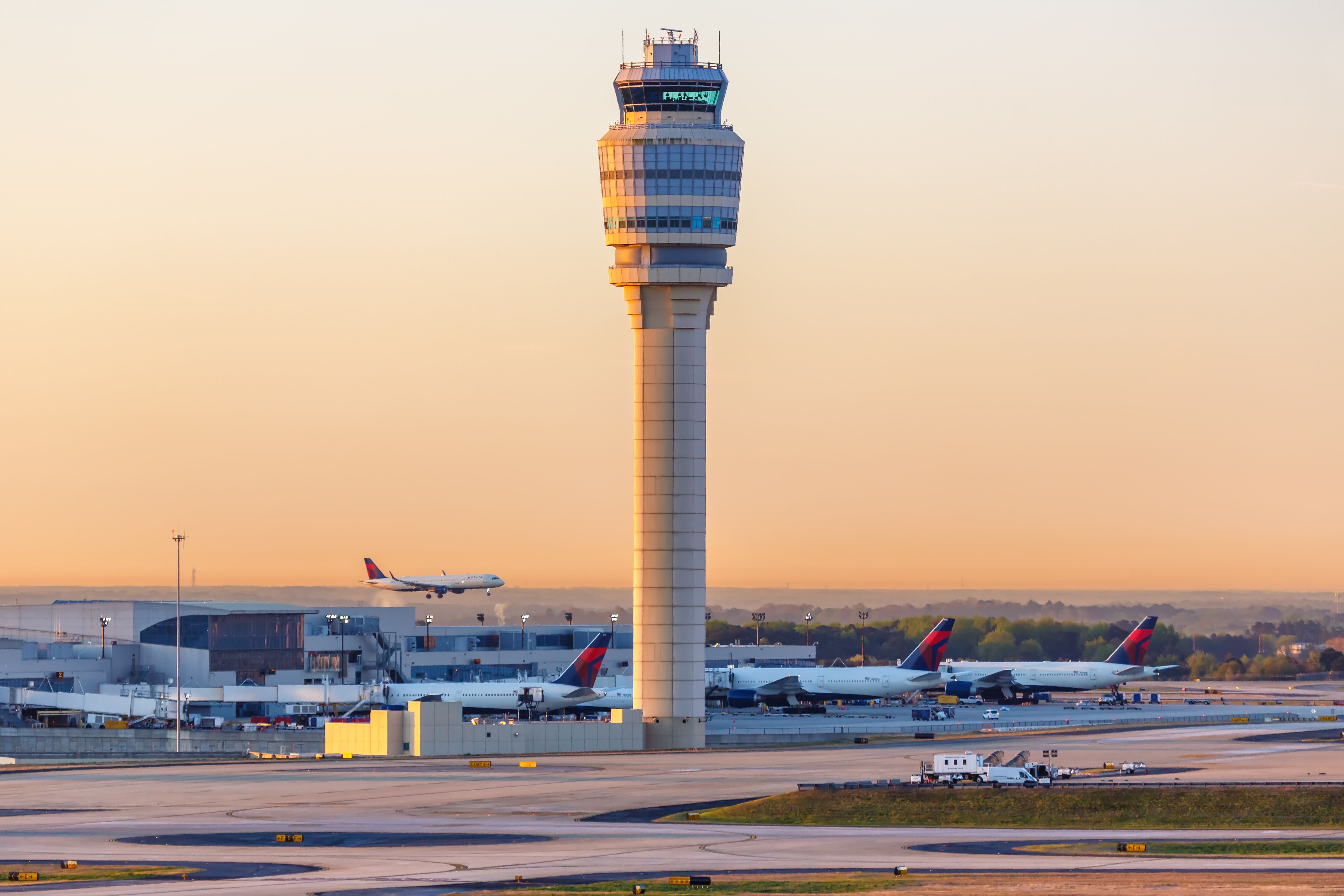 A Panoramic view of Hartsfield-Jackson Atlanta International Airport at Sunset.