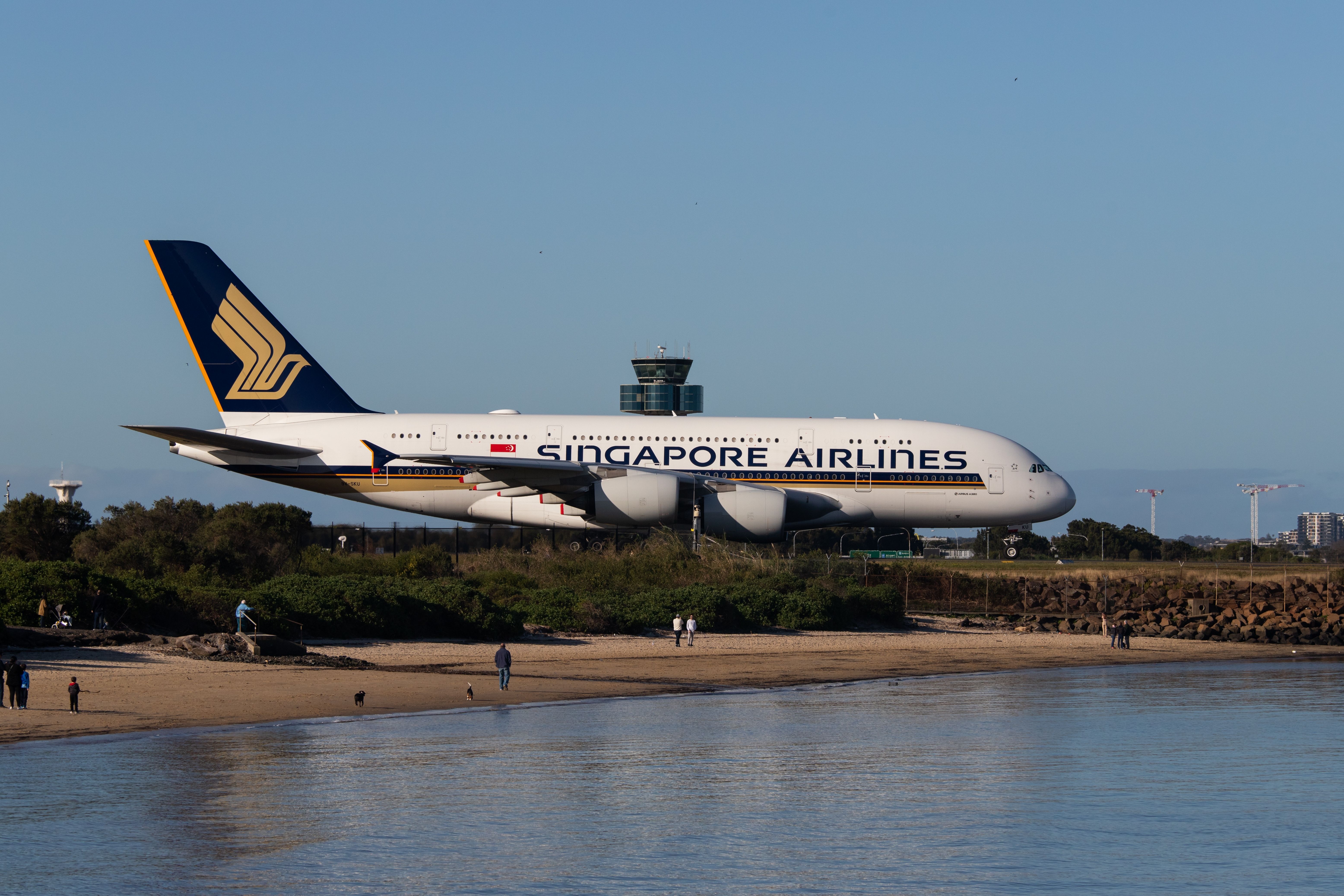 A Singapore Airlines Airbus A380 on the runway at Sydney Airport.