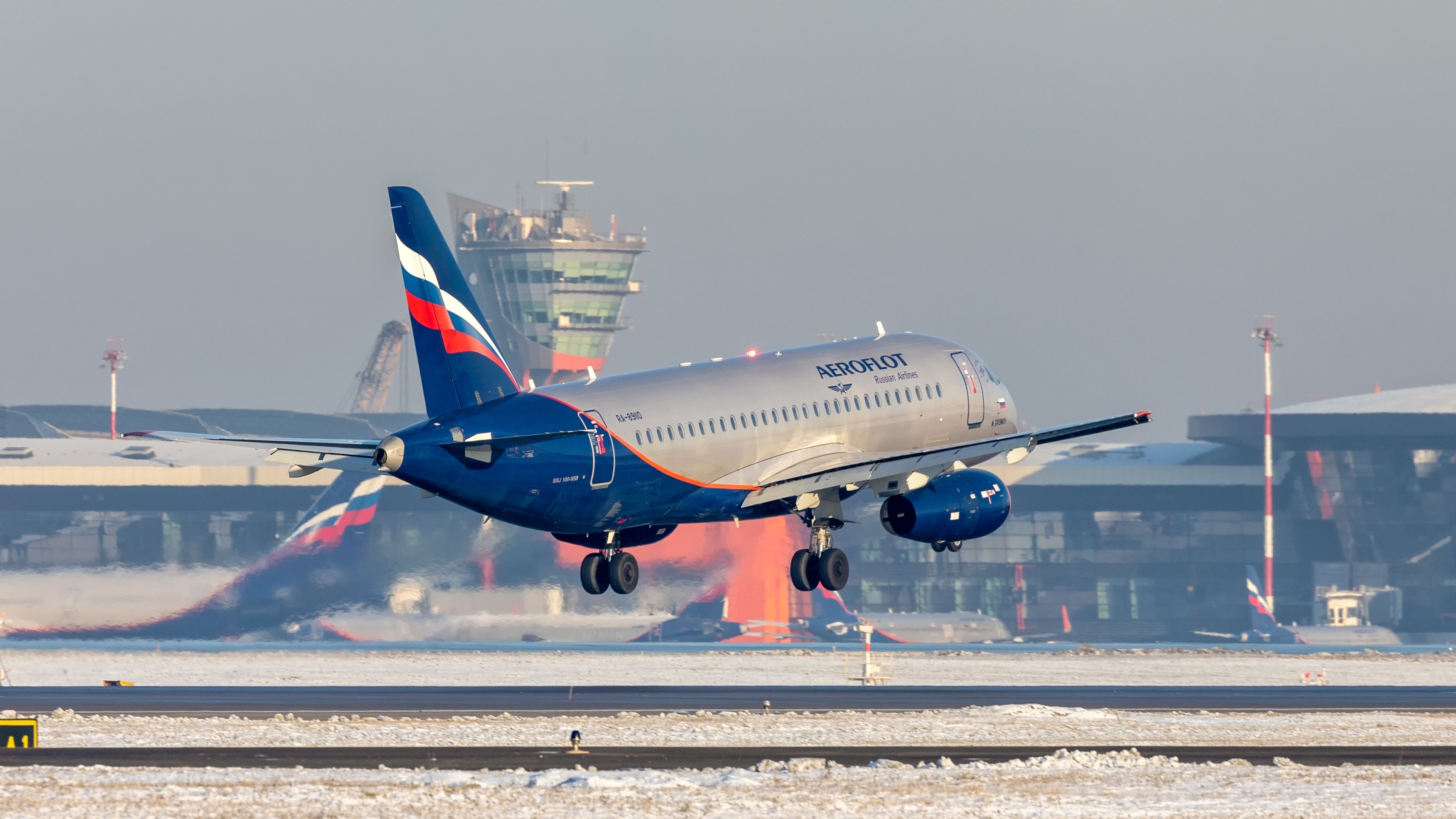 An Aeroflot Sukhoi Superjet 100 landing at at Sheremetyevo International Airport.