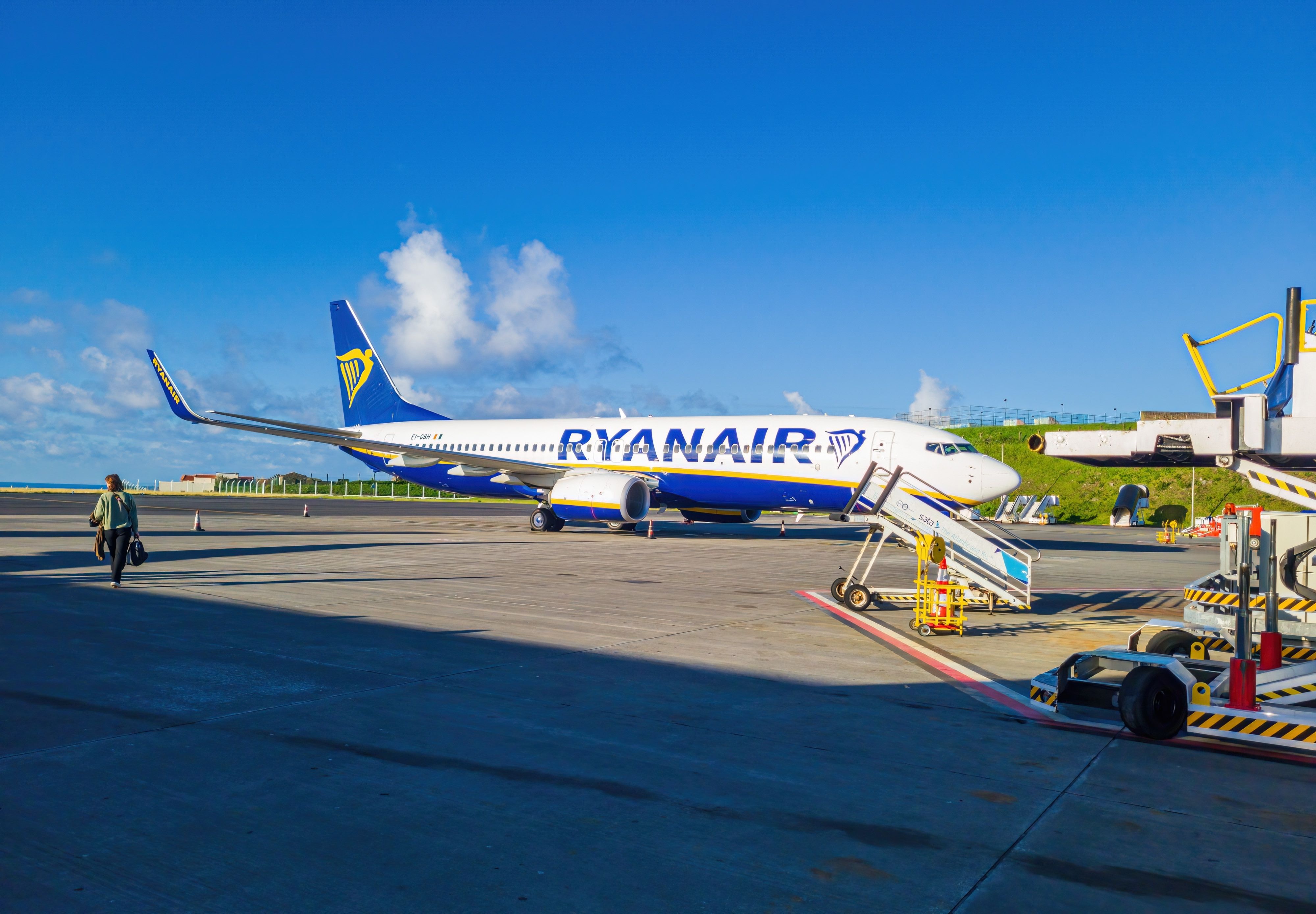 Ponta Delgada, Azores, December 4, 2022: Ryanair plane on the tarmac at International Joao Paulo II Airport on Sao Miguel Island in the Portuguese archipelago of the Azores.