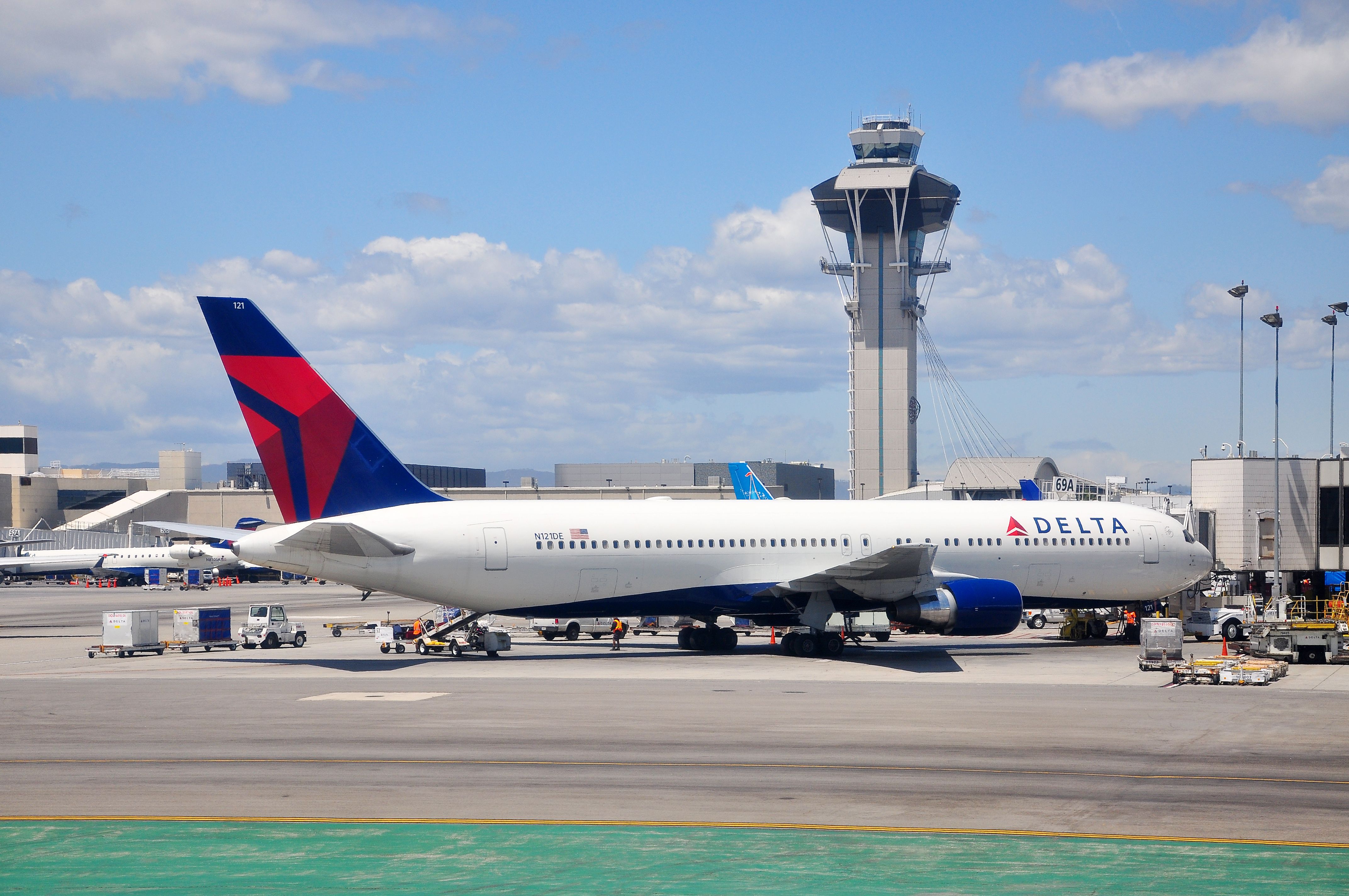 A Delta Air Lines Boeing 767 at an LAX gate.