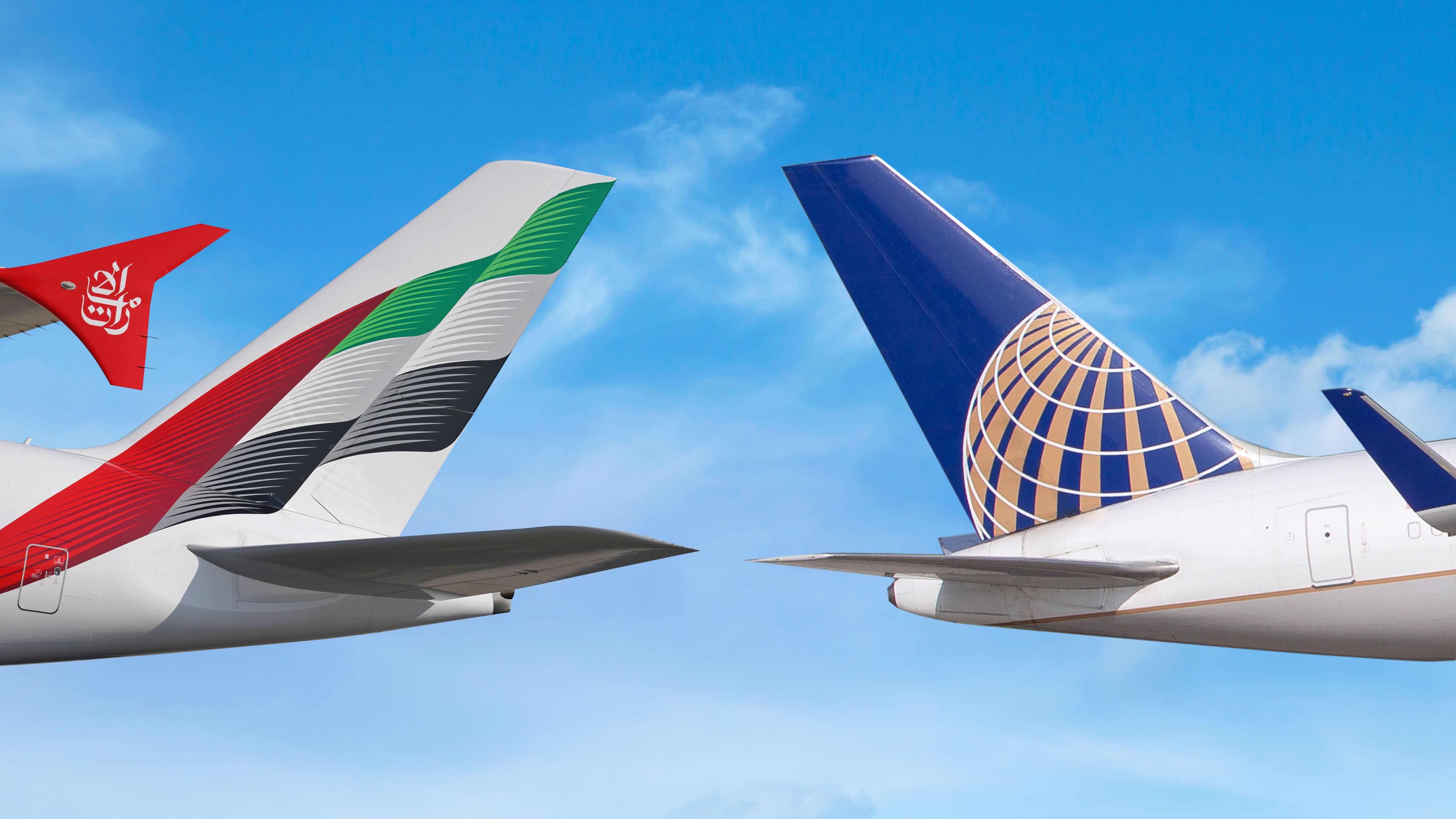 United Airlines and Emirates aircraft tails.