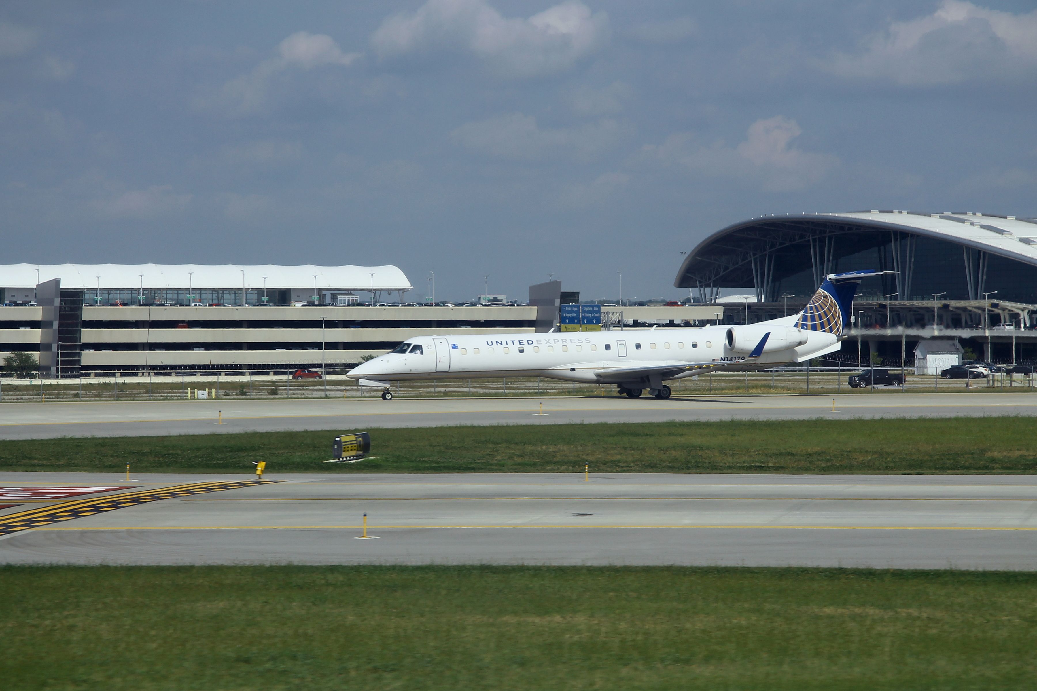 A United Express jet taxiing at Indianapolis International Airport.