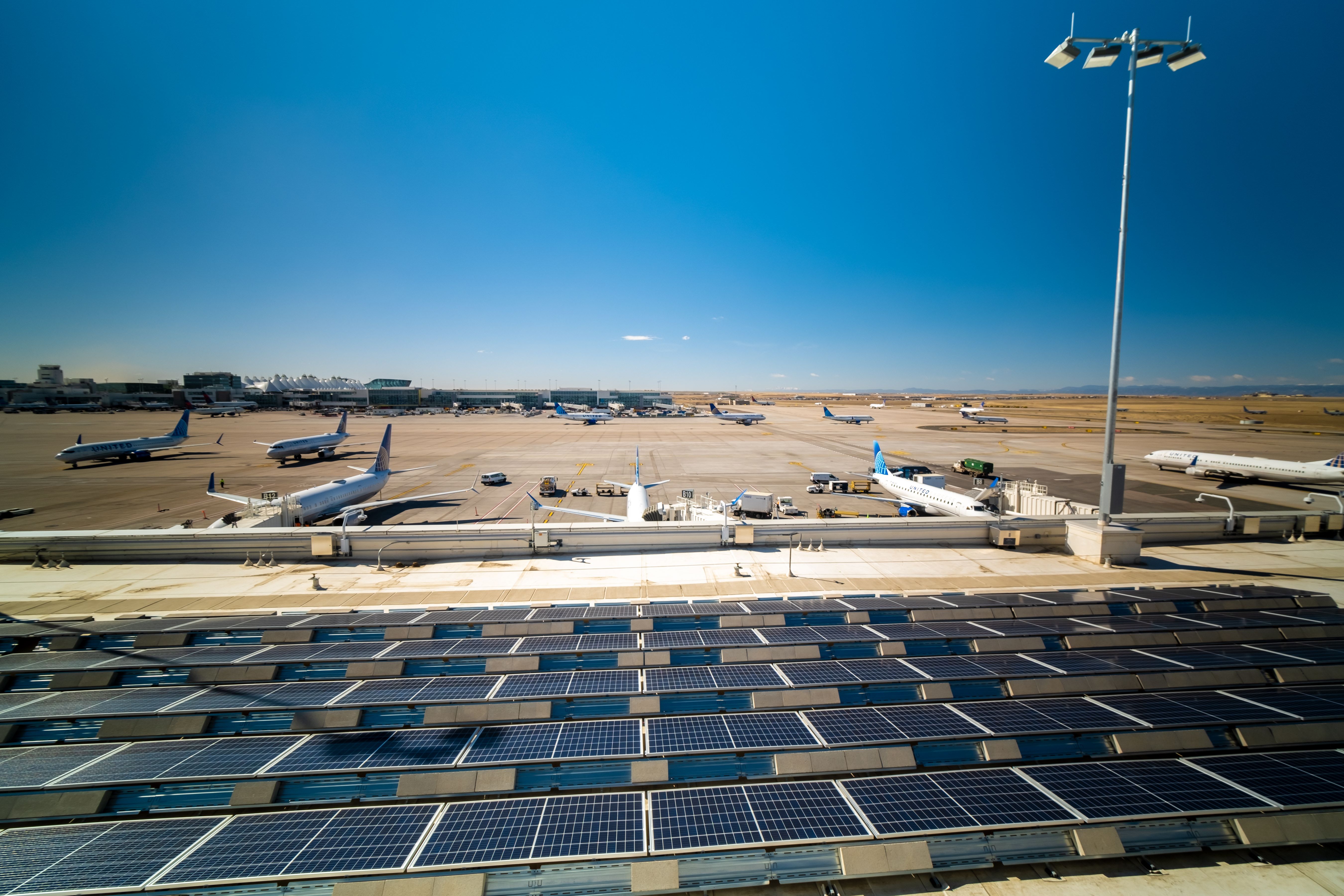 The many solar panels installed at Denver International Airport.