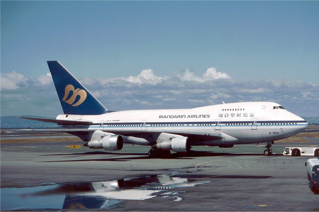 A Mandarin Airlines Boeing 747 SP being pushed back at San Francisco International Airport.